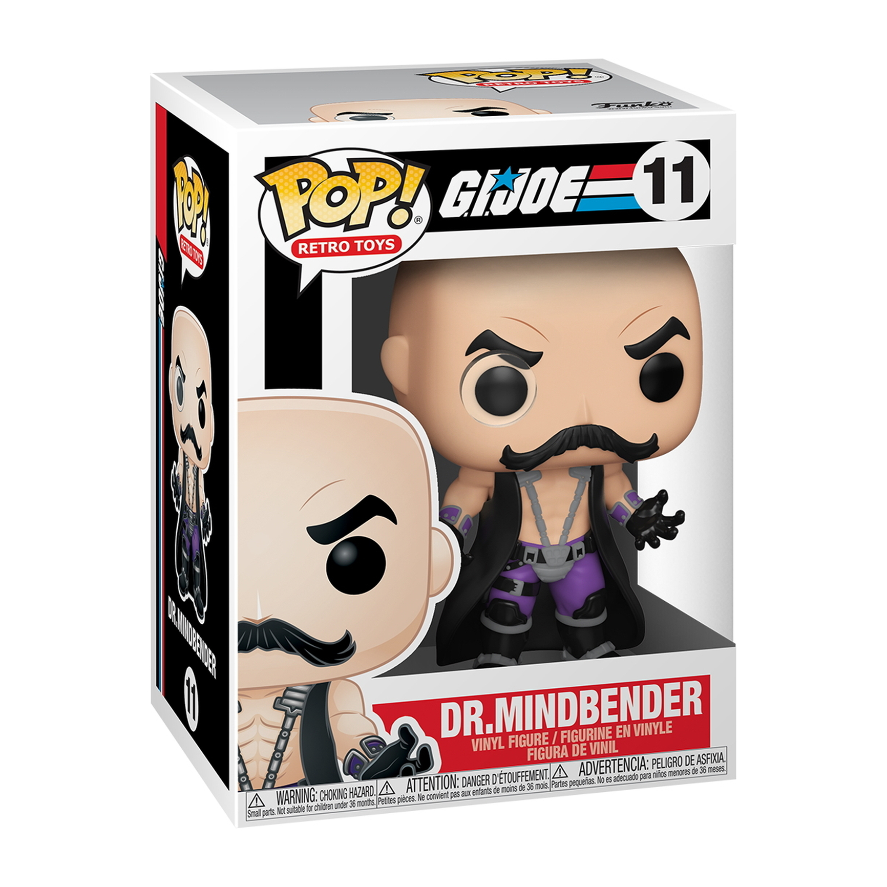 Figura Dr. Mindbender Funko Pop in una scatola, con un completo nero e viola. La scatola ha il logo GI Joe.