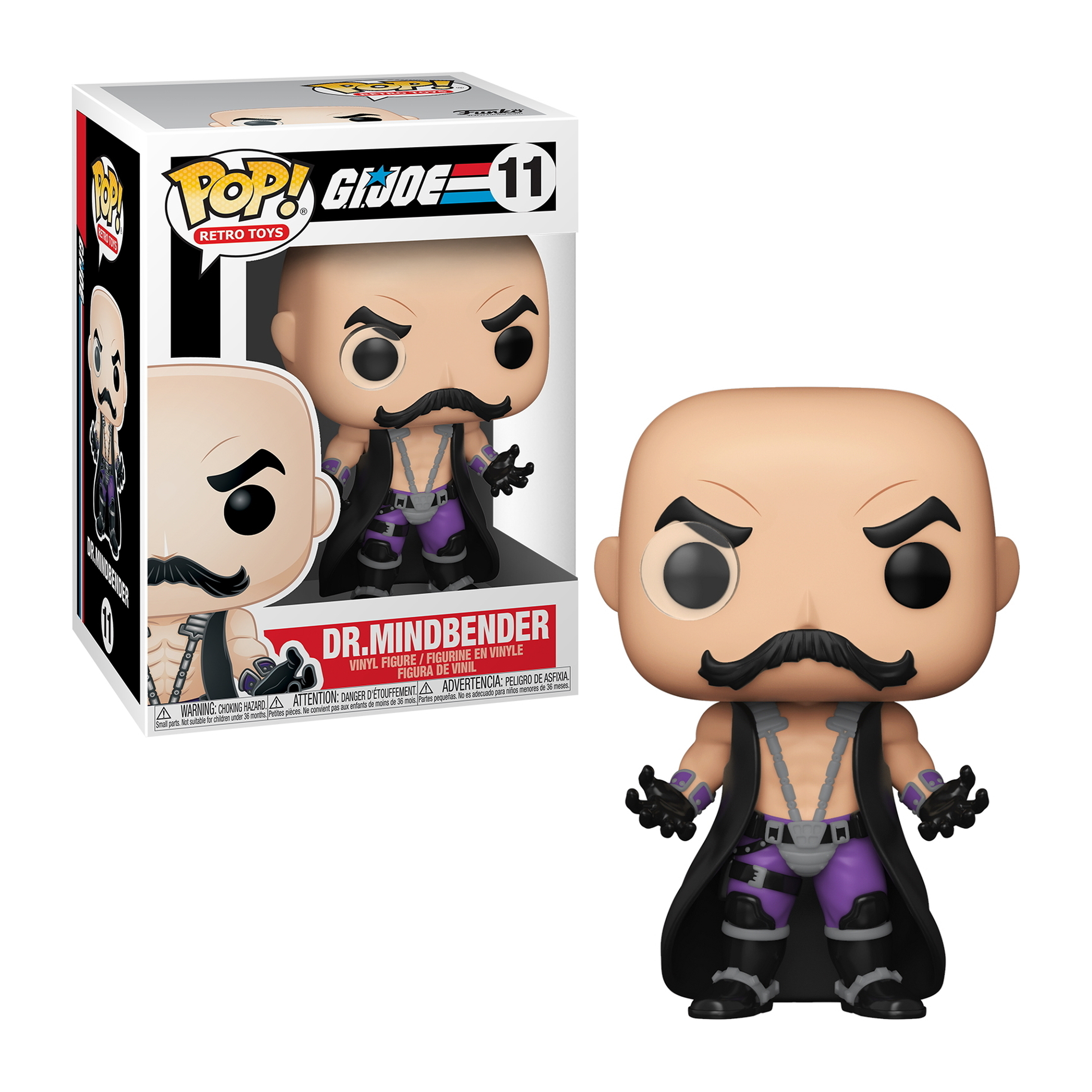 Dr. Mindbender Funko Pop, testa calva, baffi, abito viola e nero. Versione in scatola a sinistra.