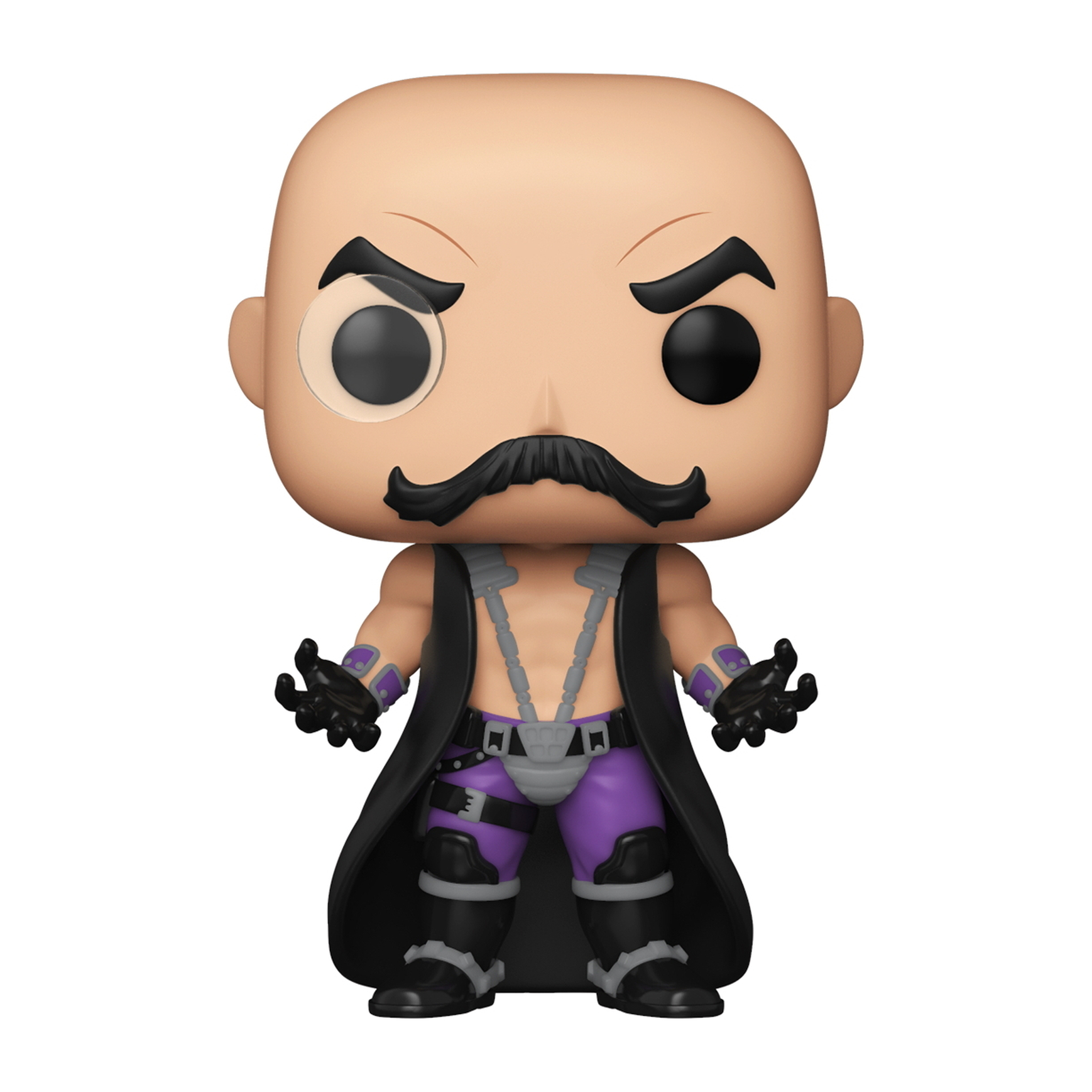 Figura di uomo calvo con baffi. Cappotto nero, pantaloni viola e un monocolo.