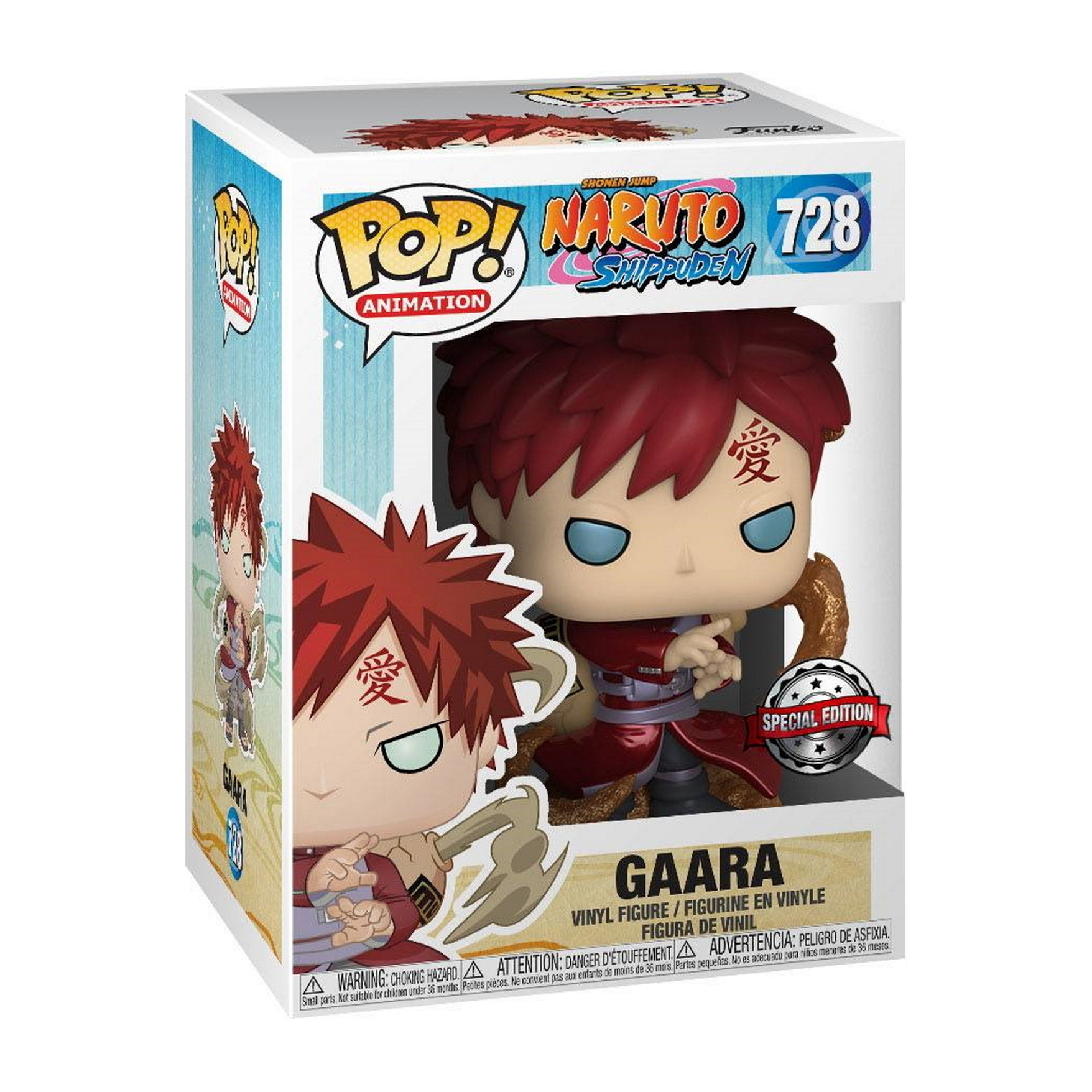 Funko Pop Figur in Box, Gaara aus Naruto Shippuden. Figur mit rotem Haar, hält Waffe.