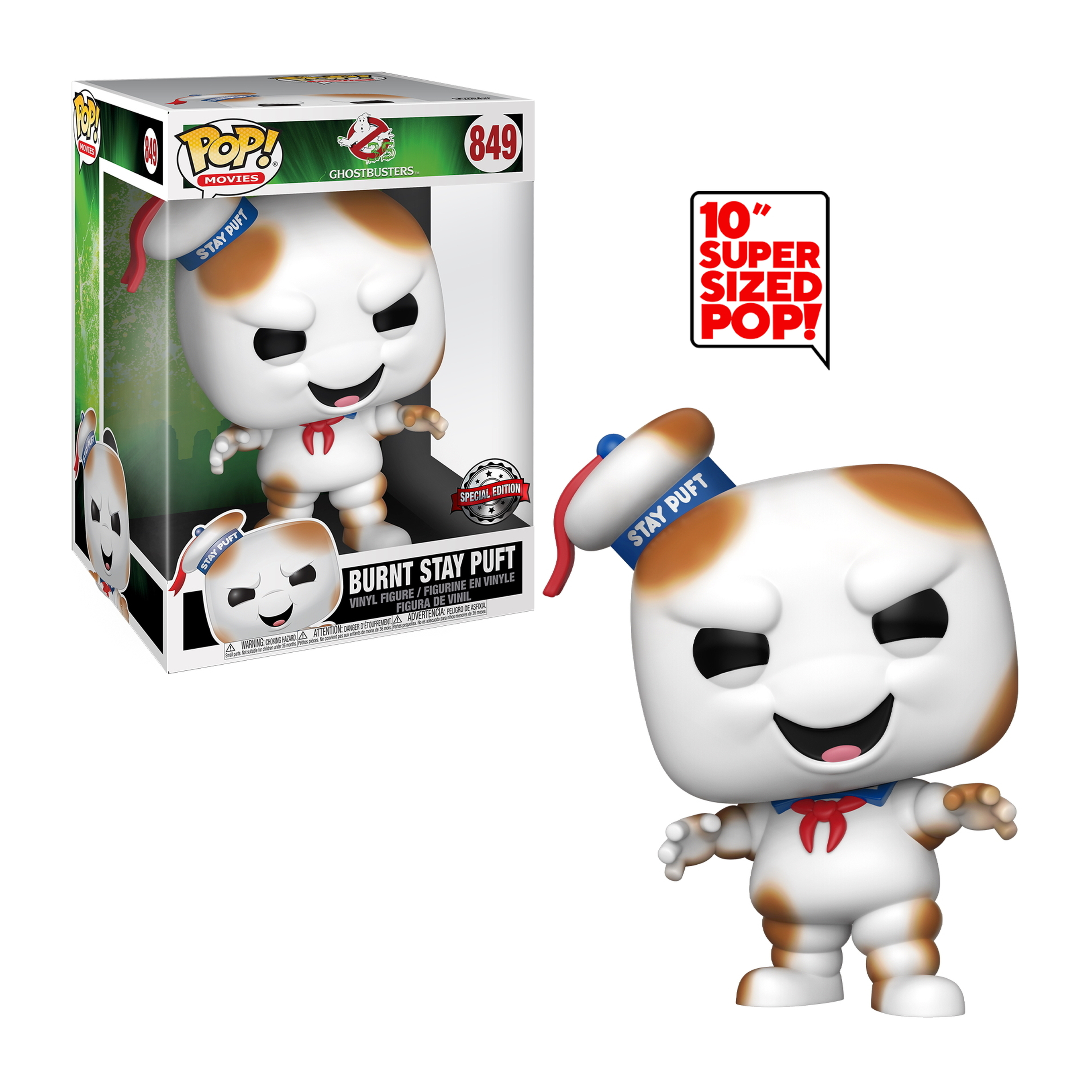 Verbrannte Stay Puft Marshmallow Man Figur mit Matrosenmütze. Box zeigt die gleiche Figur.