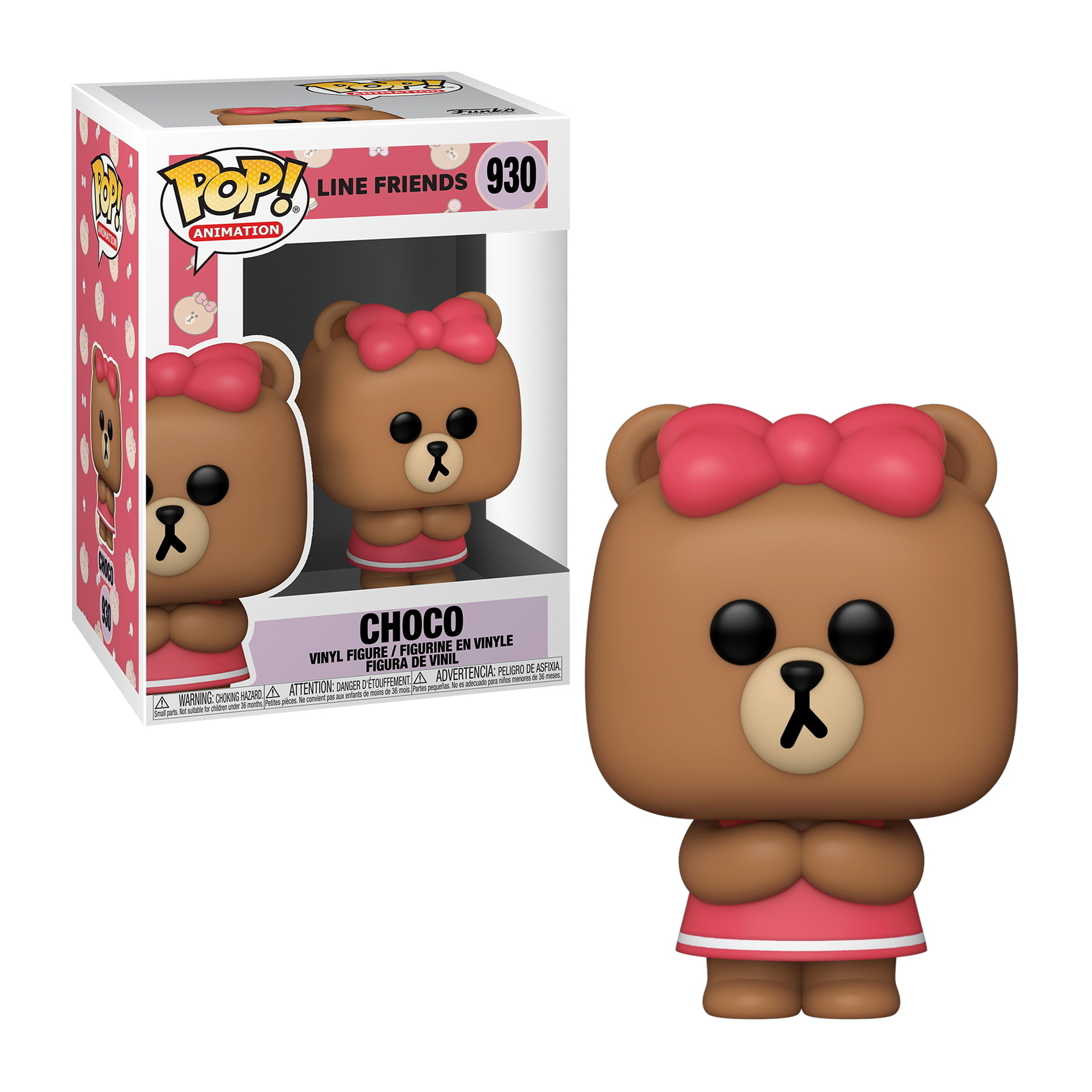 Choco-Figur, brauner Bär, rosa Schleife, rosa Kleid, lächelnd, von Line Friends.