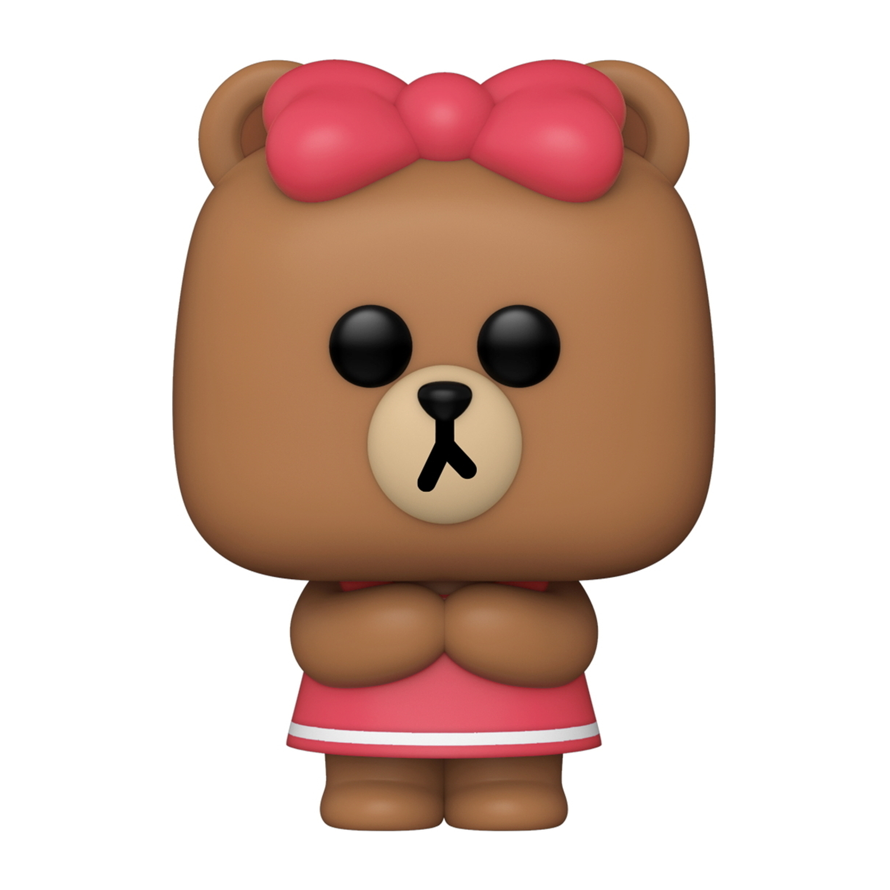 Brauner Bär Funko Pop Figur mit roter Schleife, rosa Kleid, verschränkte Arme.