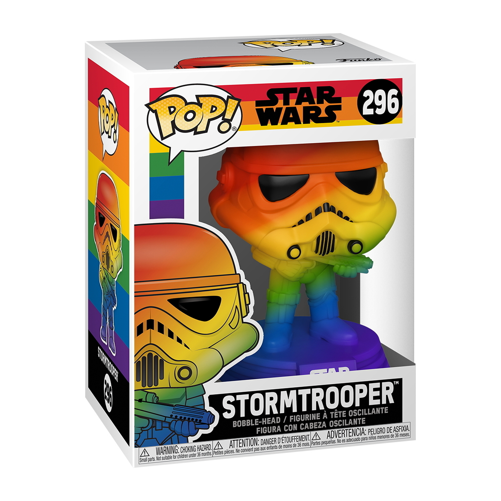 Funko Pop Sturmtruppler mit Regenbogenfarben. Die Figur ist in einer Box.