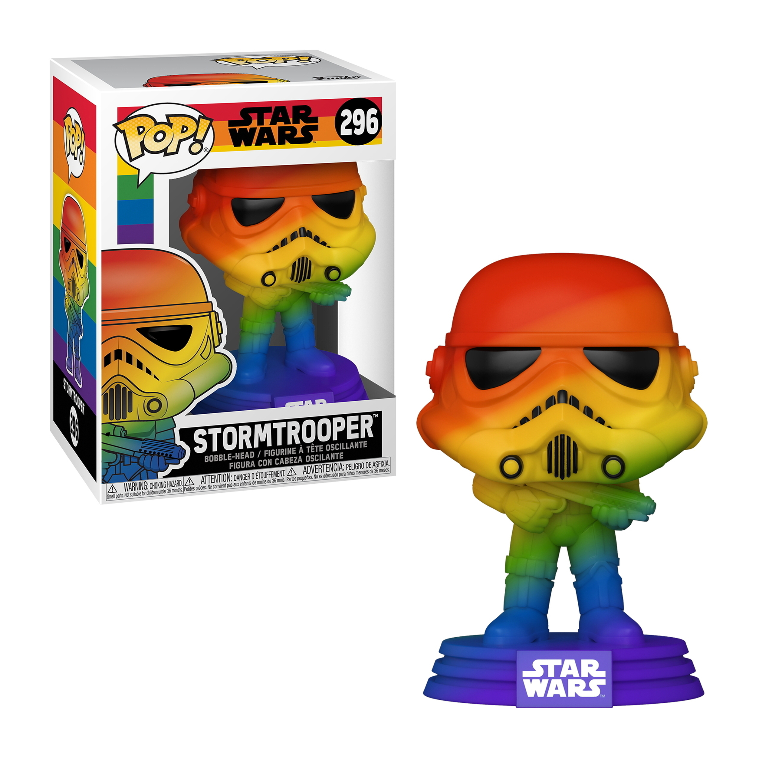 Ein regenbogenfarbener Stormtrooper aus Star Wars Funko Pop-Figur auf einer Regenbogenbasis.