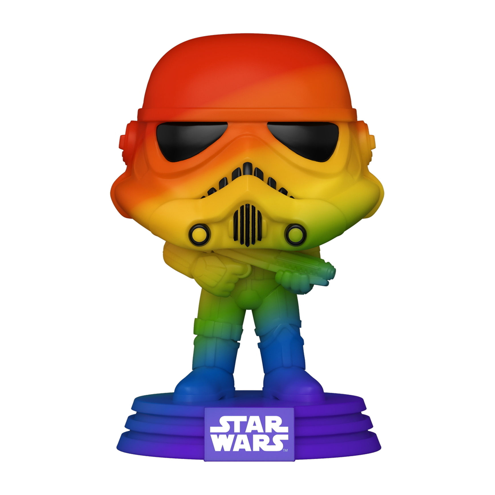 Regenbogen-Stormtrooper-Figur, Regenbogenhelm, hält eine Waffe, auf einer Regenbogenbasis, aus Star Wars.