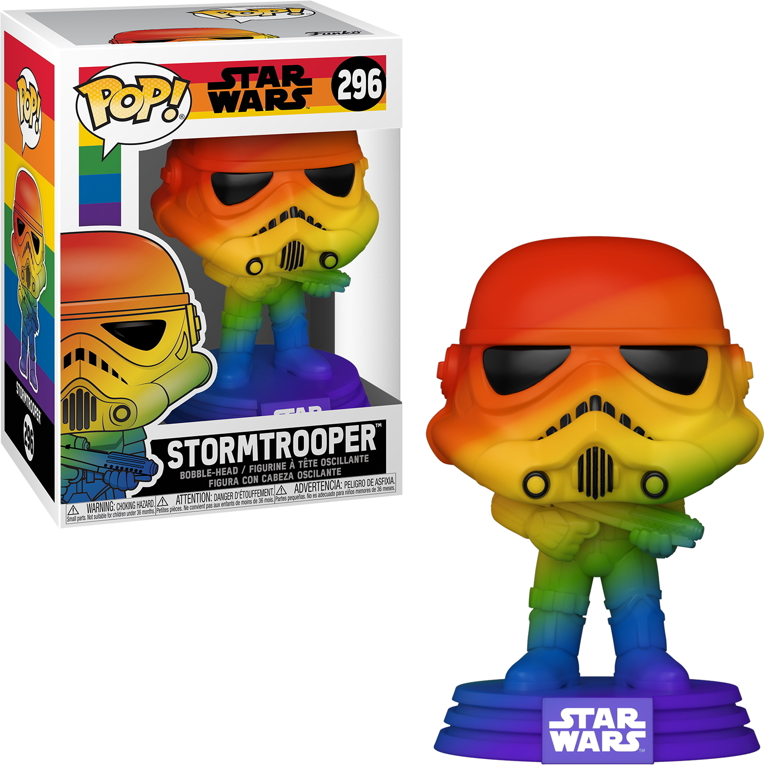 Eine regenbogenfarbene Stormtrooper Funko Pop Figur mit Regenbogenbasis.