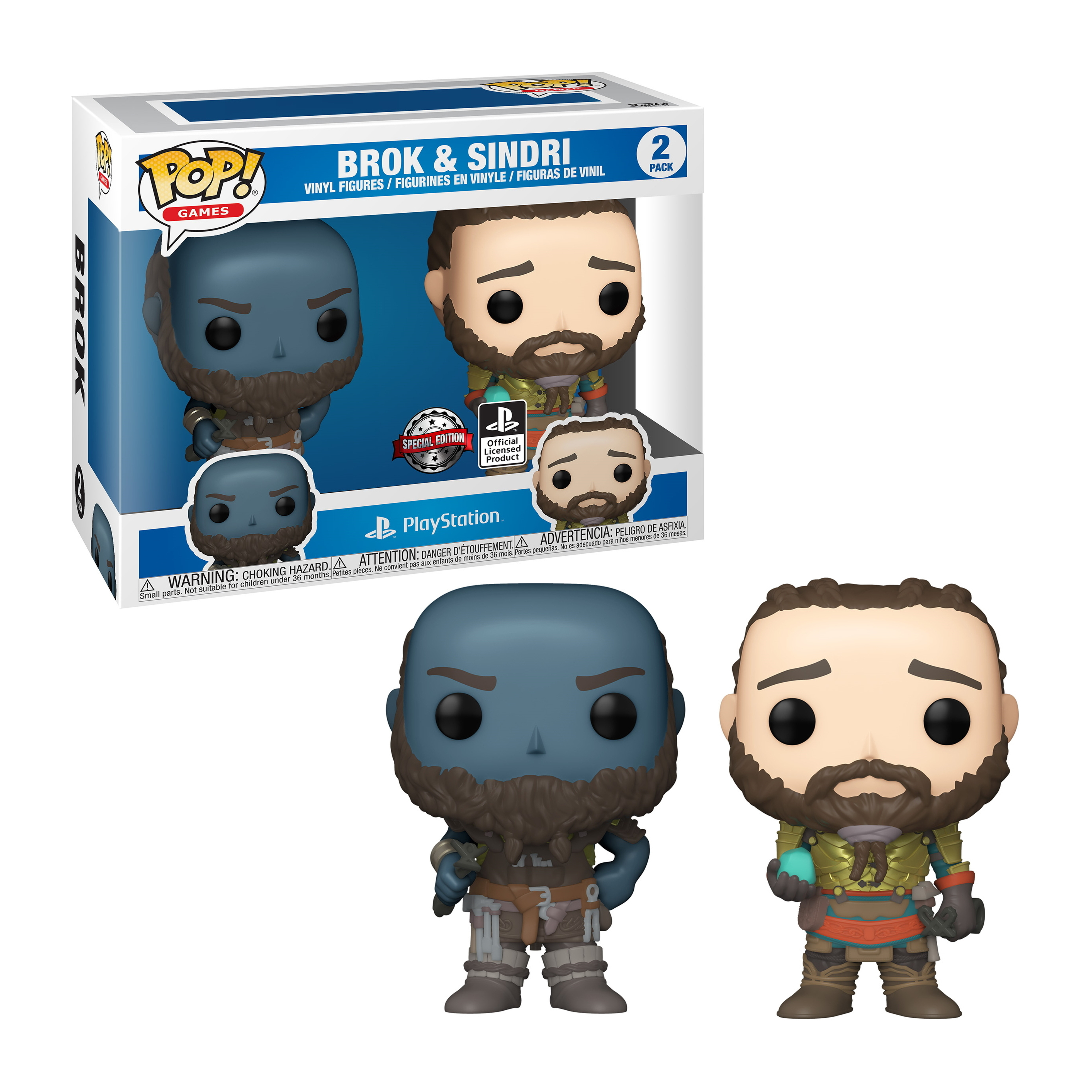 Brok & Sindri Funko Pop Figuren aus God of War, blau und braun. Figur in Box.