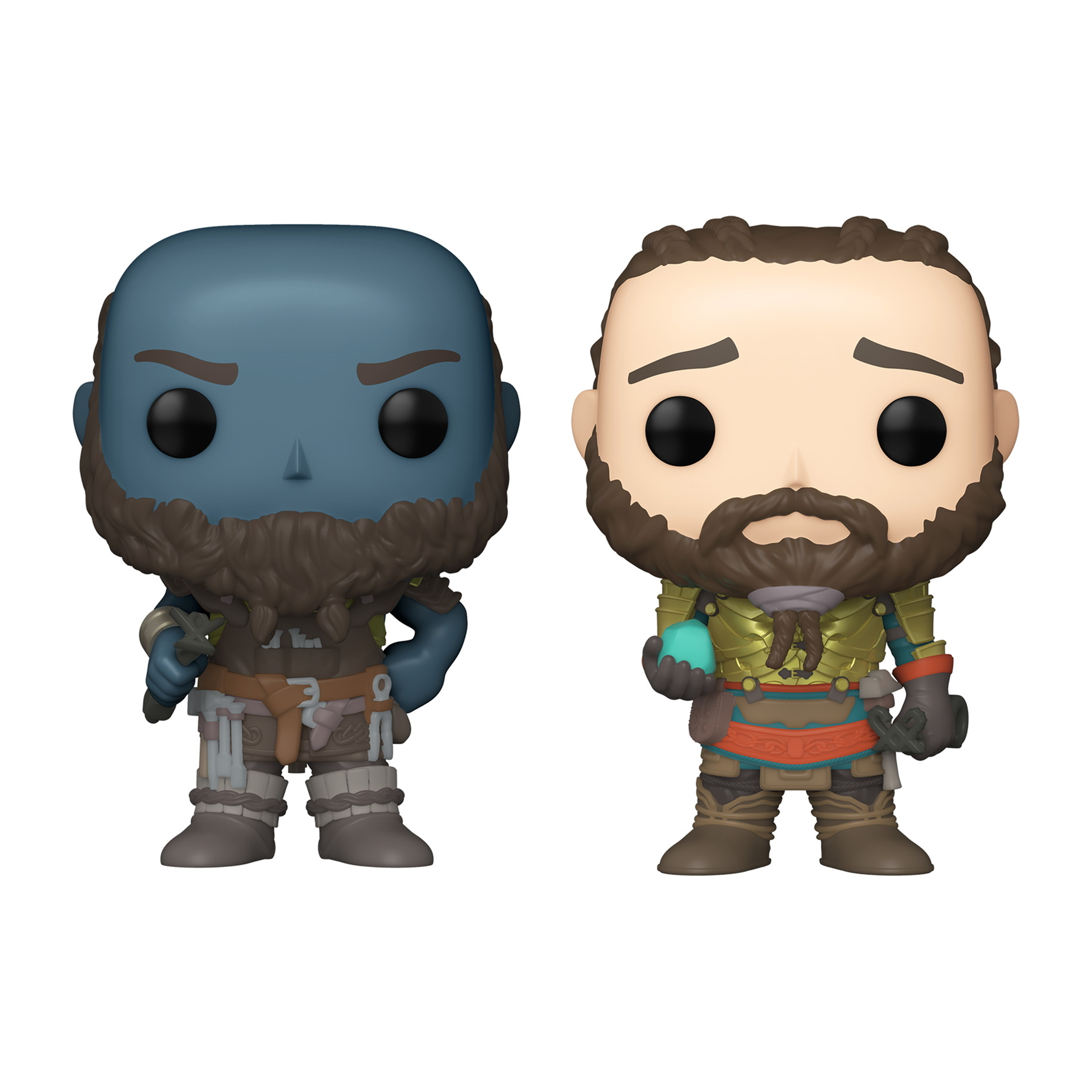 Zwei Funko Pops: Eine blauhäutige, bärtige Figur, die andere mit Bart und hält eine türkisfarbene Kugel.