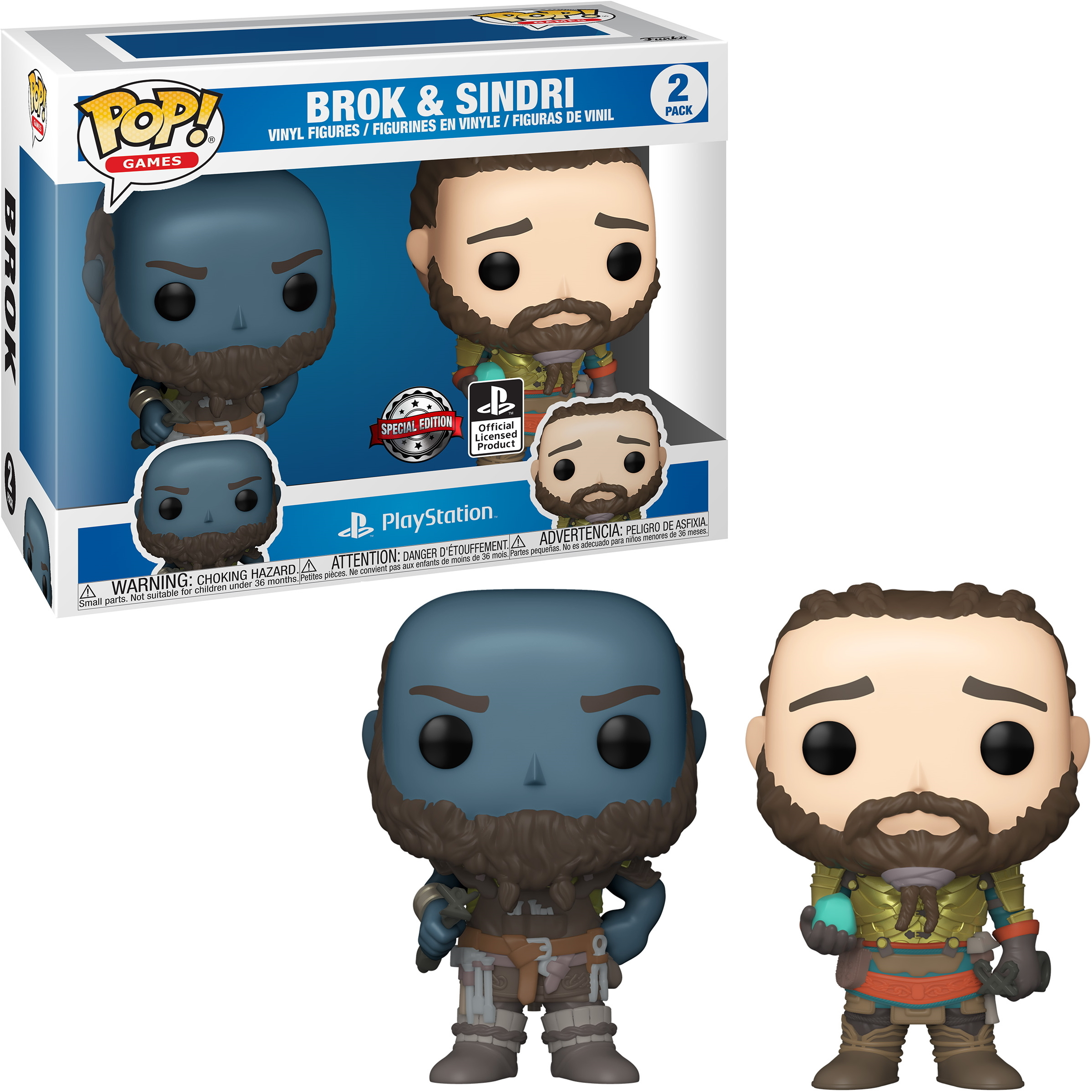 Zwei Funko Pop-Figuren von Brok und Sindri, Charaktere aus einem Videospiel. Die Figuren sind in einer Box.