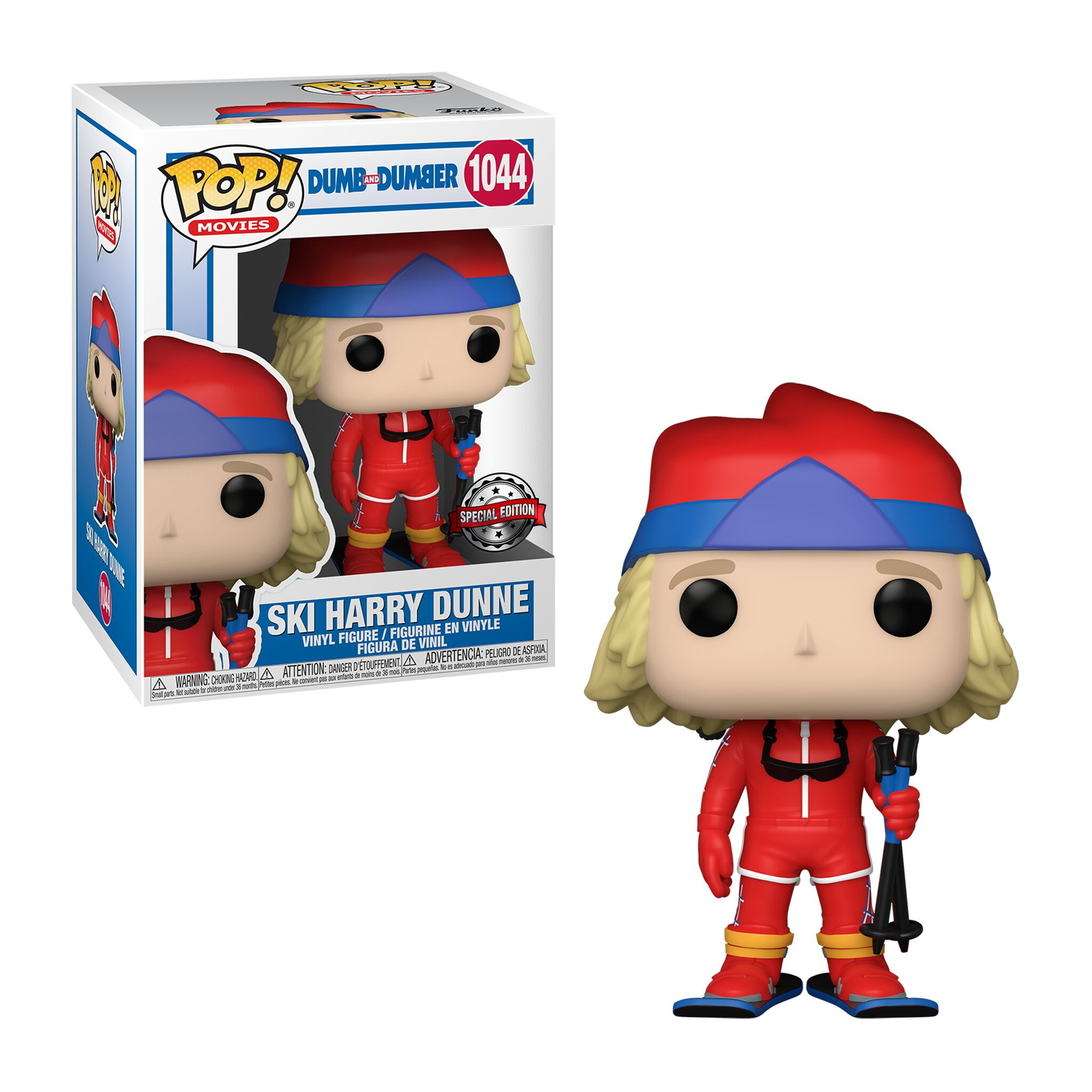 Ski Harry Dunne Funko Pop Figur. Roter Skianzug, blauer Hut, Skier und Skistöcke. Blondes Haar, entschlossenes Gesicht.