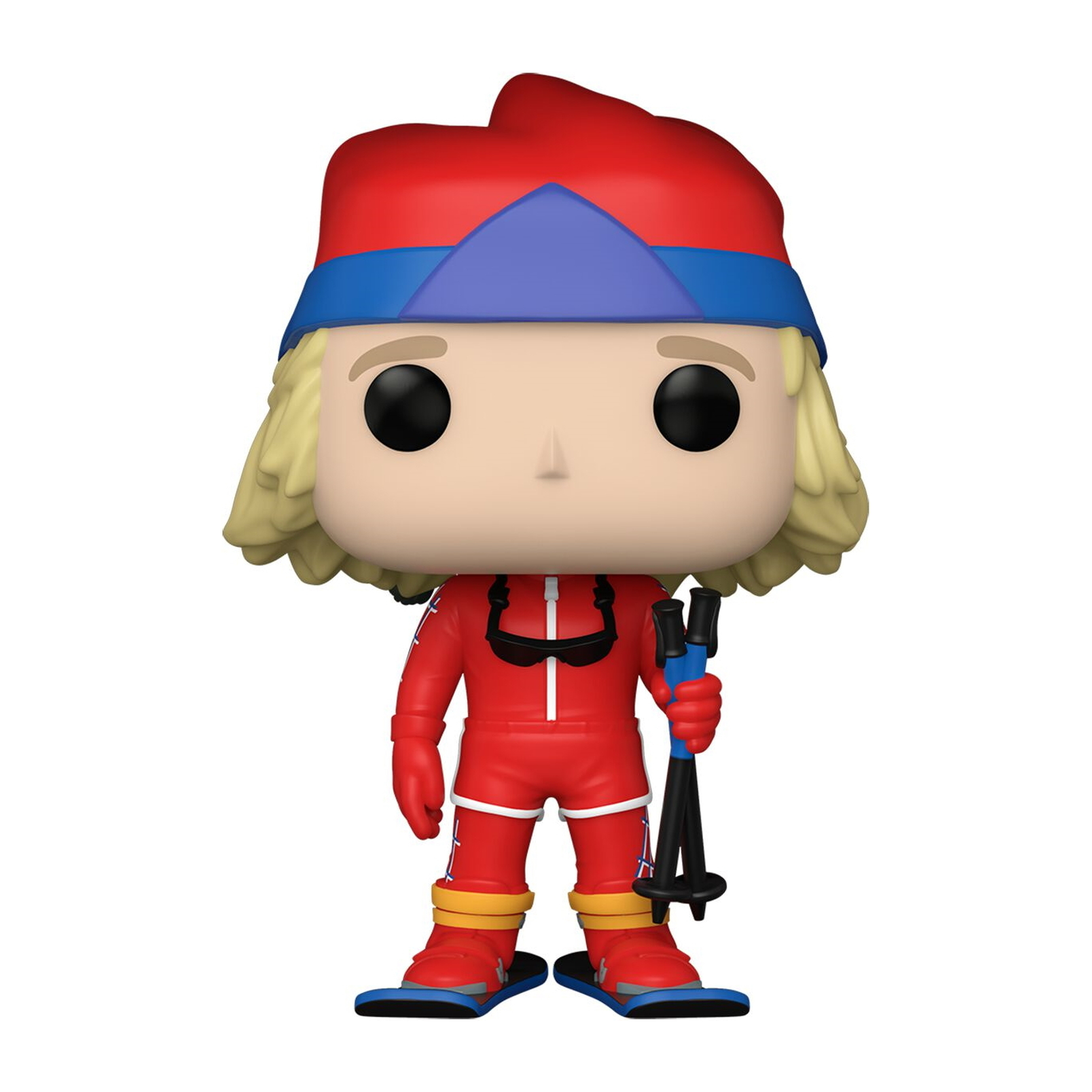 Eine Funko Pop-Figur eines Skifahrers in einem roten Overall mit blauen Skiern und Stöcken.