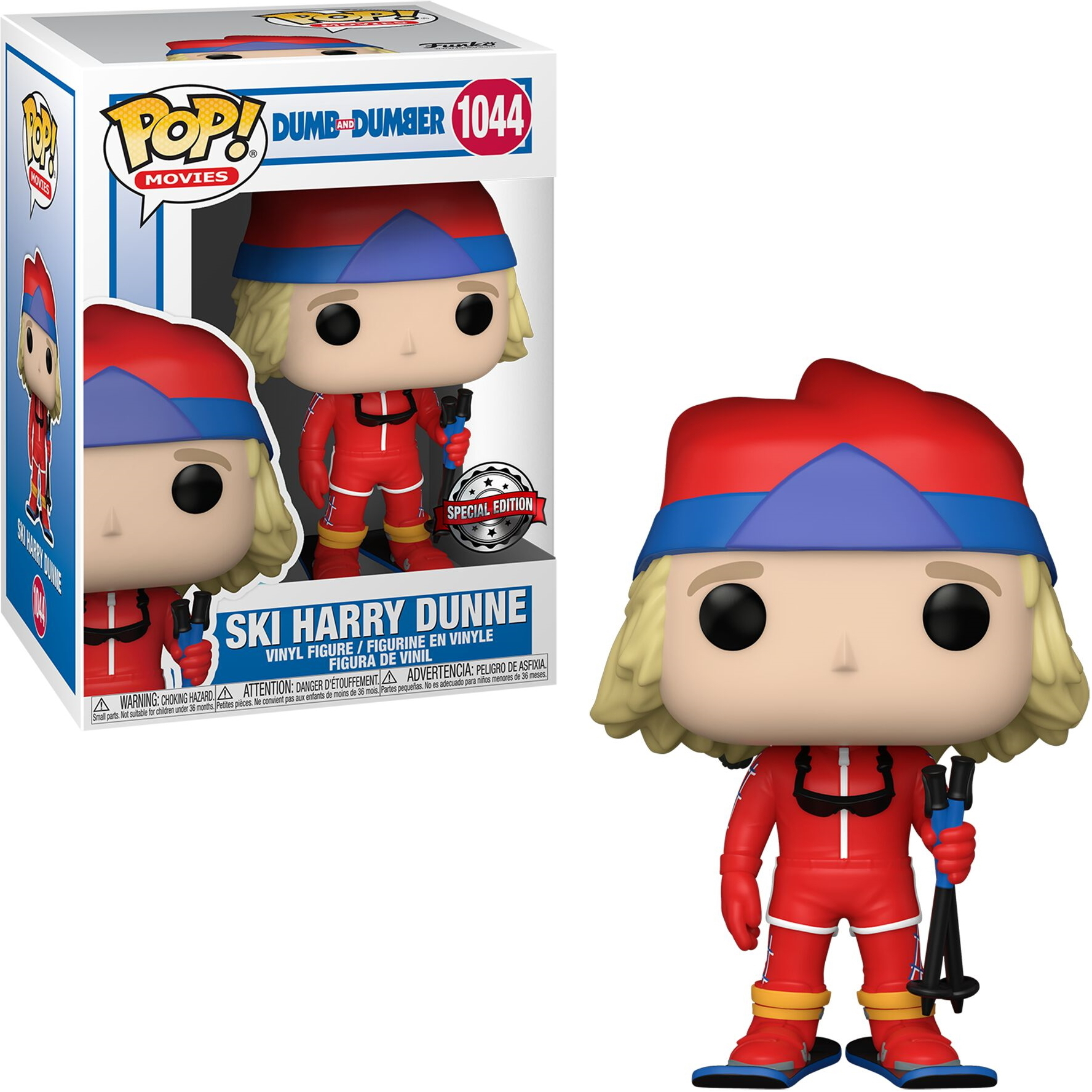 Ski Harry Dunne Funko Pop Figur mit Box. Die Figur trägt einen roten Skianzug und eine blaue Mütze.