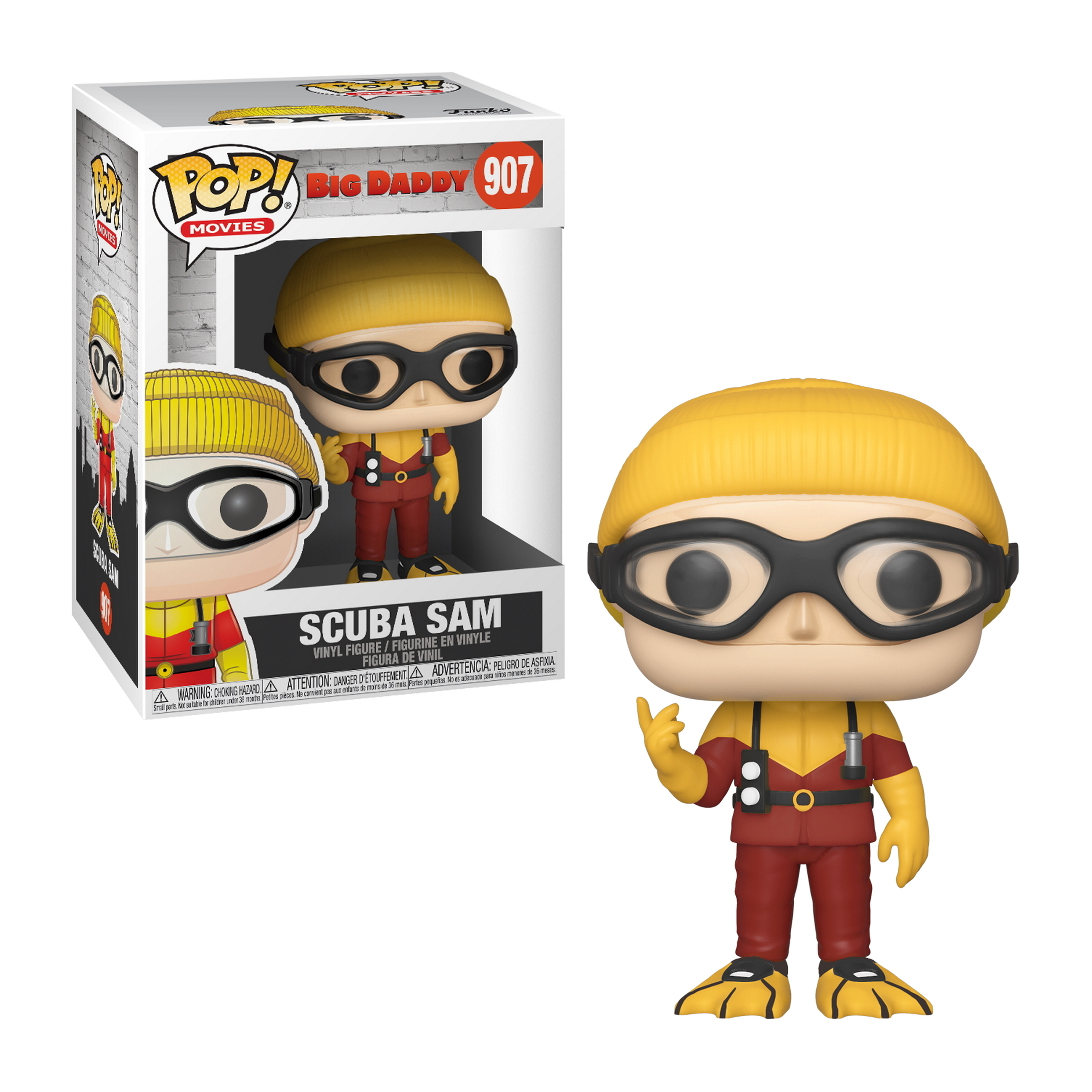Scuba Sam Funko Pop. Gelber Hut, Brille, rot-gelber Anzug und Flossen. Box im Hintergrund.