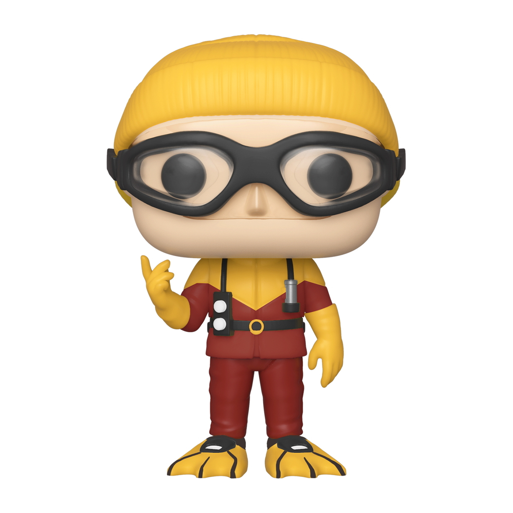 Funko Pop Figur eines Cartoon-Schwimmers. Er trägt gelbe Mütze, Brille und roten Badeanzug.