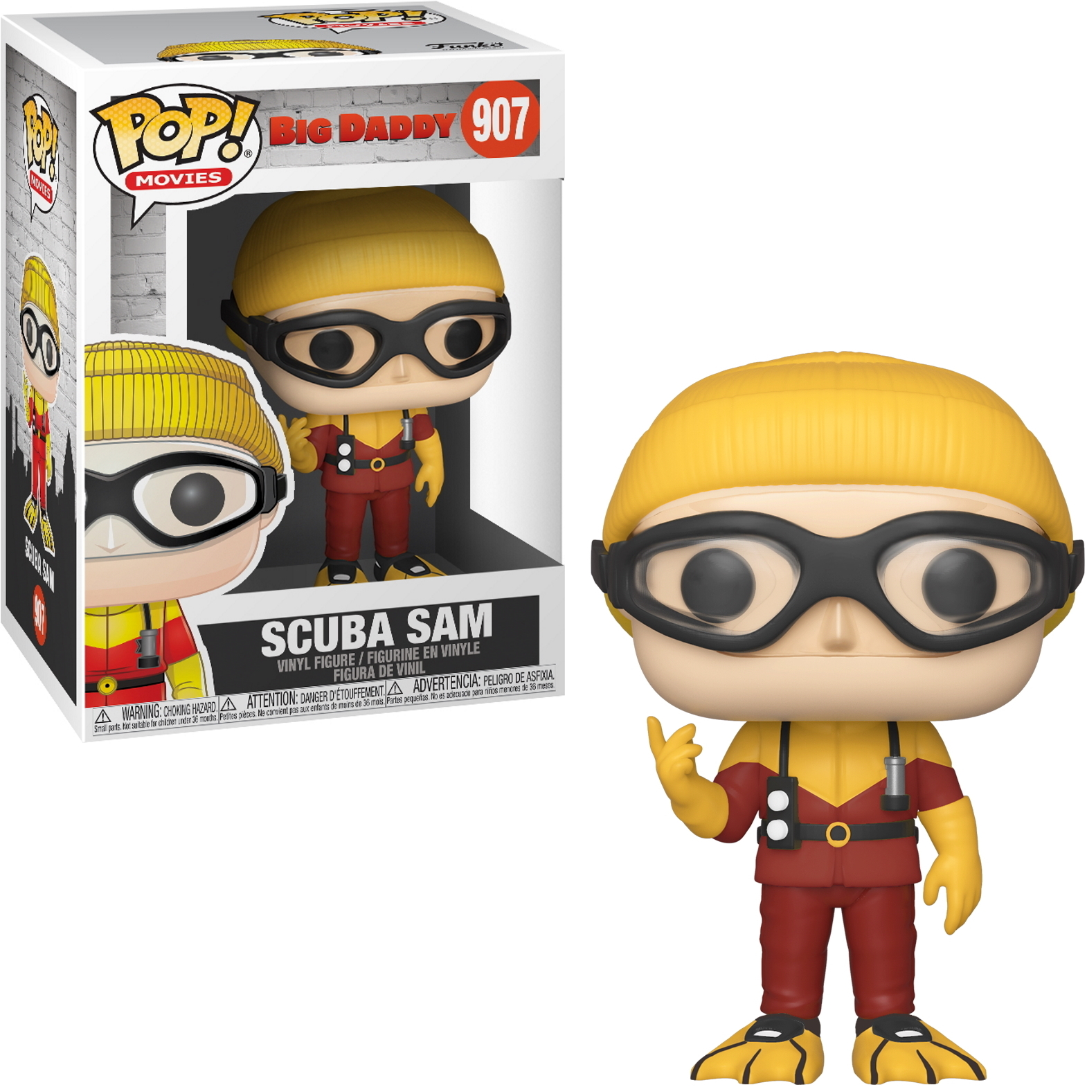 Eine Funko Pop Figur von Scuba Sam in einer Box und stehend, nach oben zeigend.