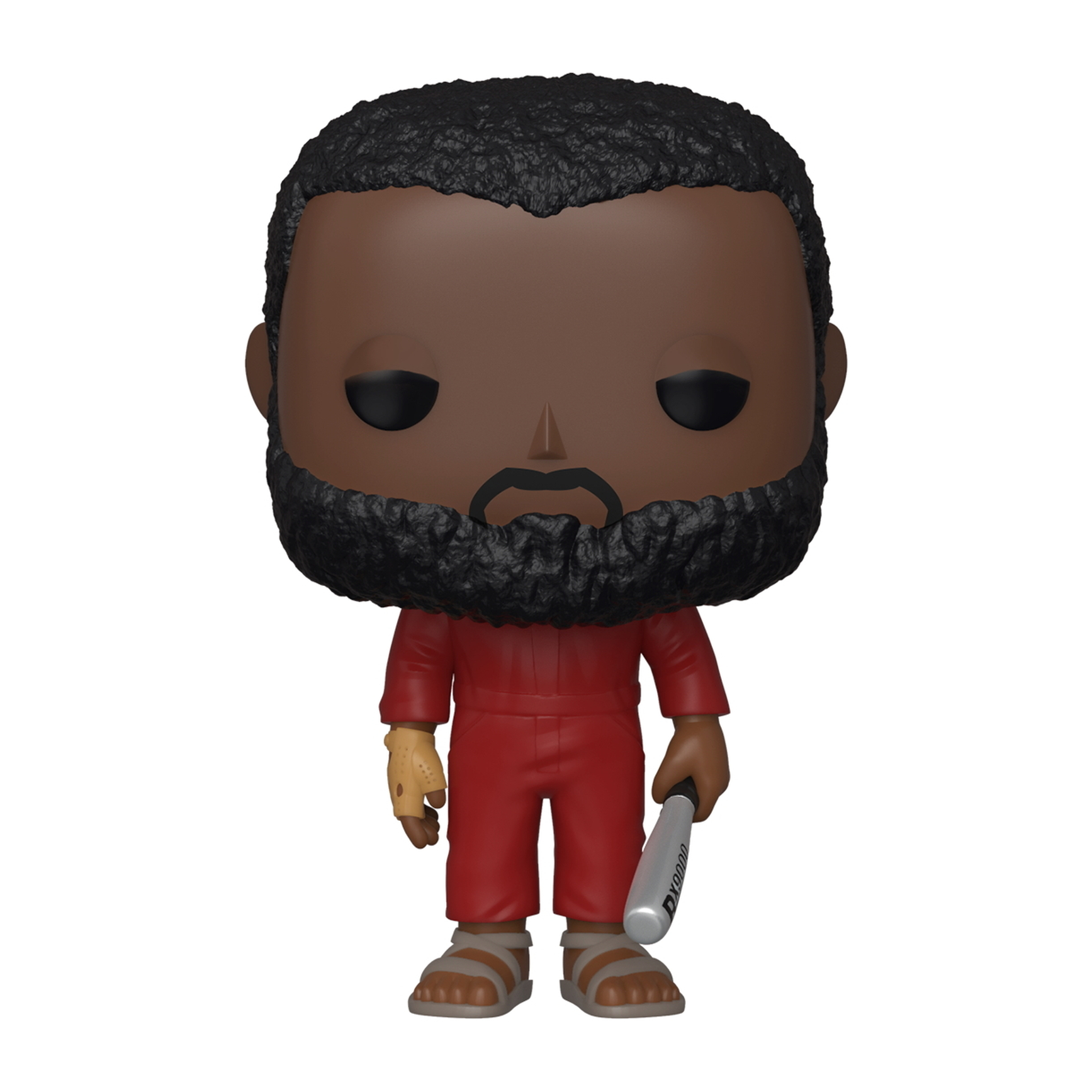 Figurka mężczyzny w czerwonym kombinezonie trzymającego kij baseballowy.