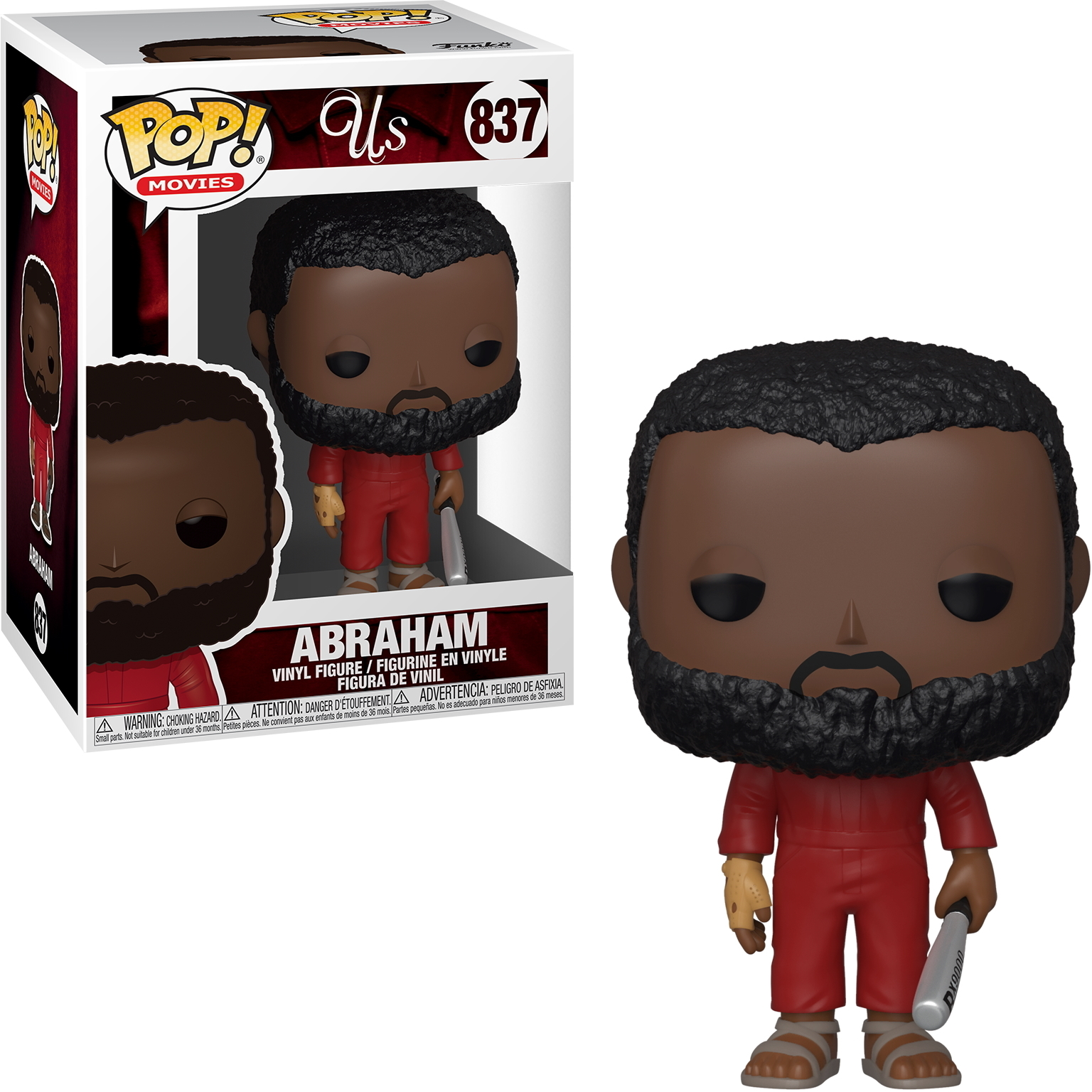 Figurka Abrahama, czarna broda, czerwony kombinezon i kij baseballowy. Białe tło.