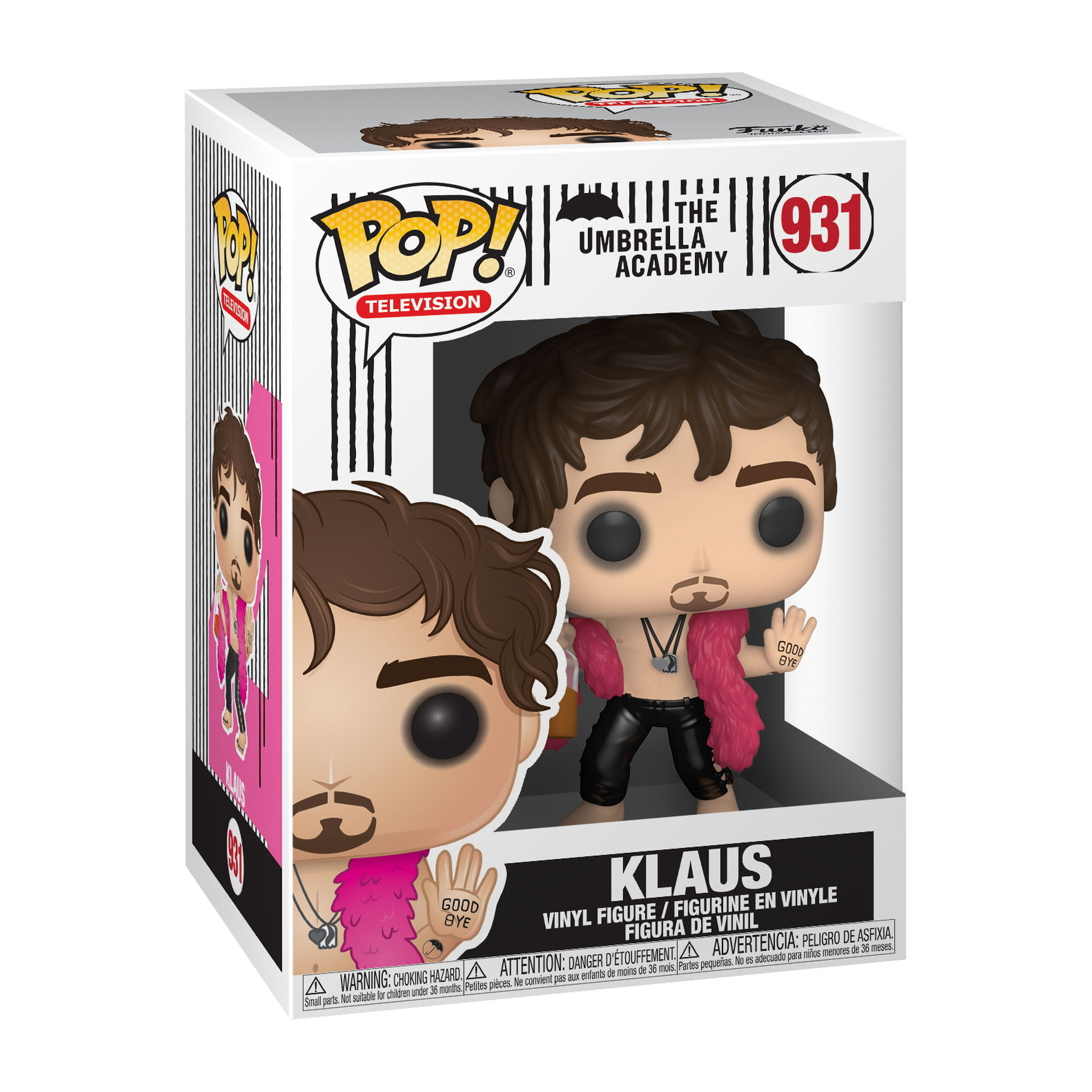 Klaus Funko Pop Figur in einer Box. Die Box zeigt die Figur und das Logo der Show.