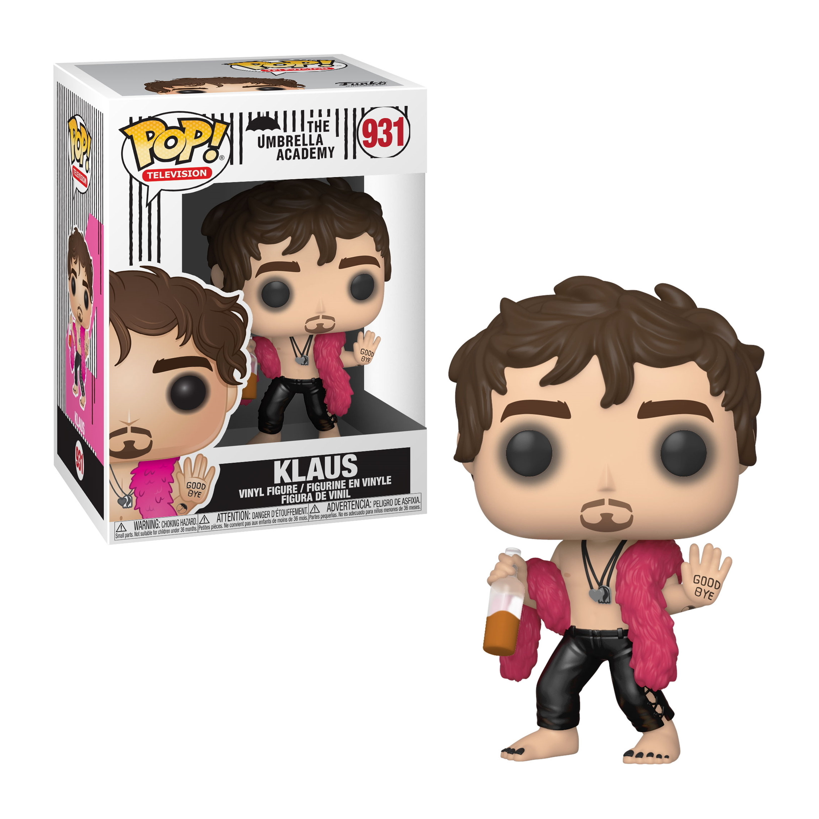 Klaus Figur mit Bierflasche, pinkem Pelzmantel und Good-Bye-Handgeste. In Box.