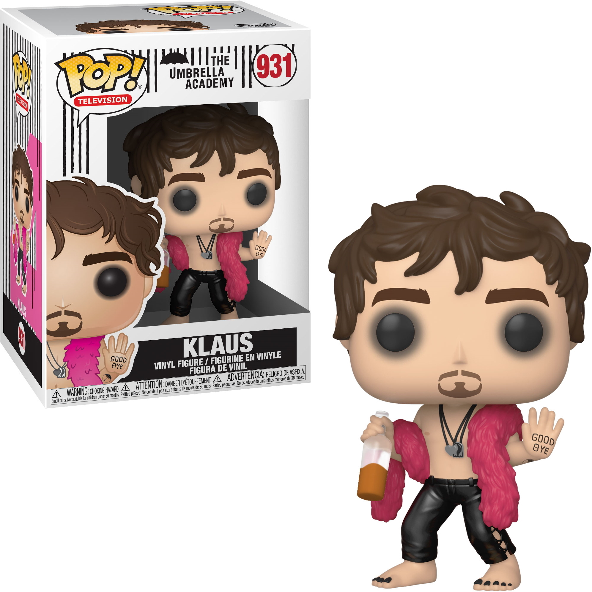Klaus Hargreeves Funko Pop Figur. Er trägt einen rosa Pelzmantel und hält eine Flasche in der Hand.