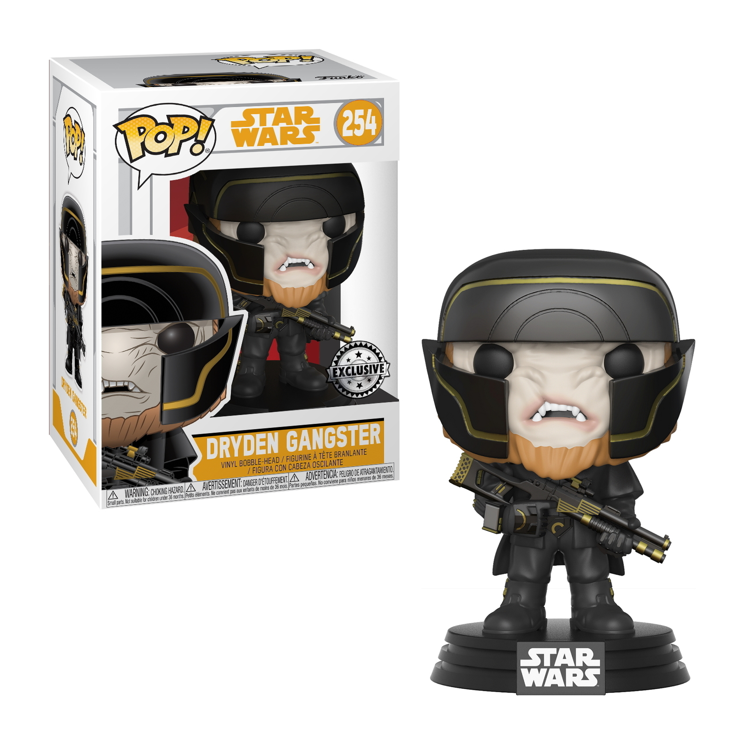 Dryden Gangster Star Wars Figur in schwarzer Rüstung, hält eine Waffe. Die Box zeigt ebenfalls die Figur.