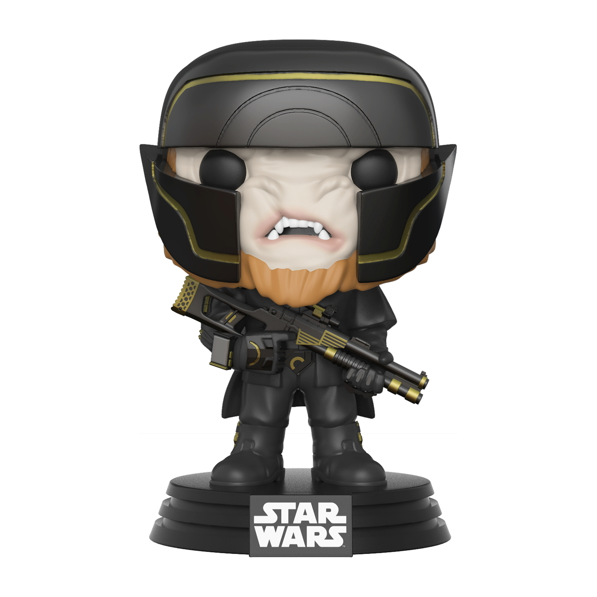 Star Wars Funko Pop Figur. Schwarze Uniform, Helm mit goldenen Akzenten, hält eine Waffe.