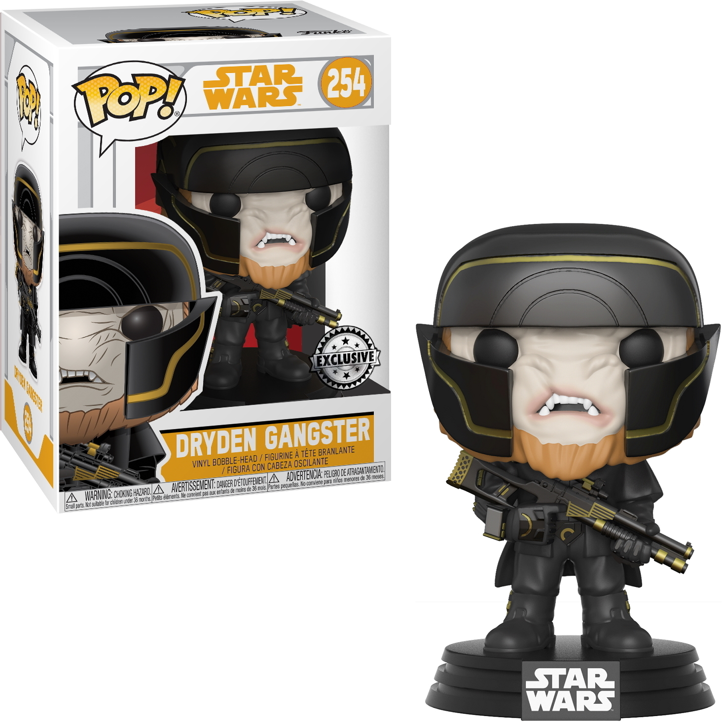 Dryden Gangster Star Wars Figur in schwarz-goldener Rüstung, die eine Waffe hält.