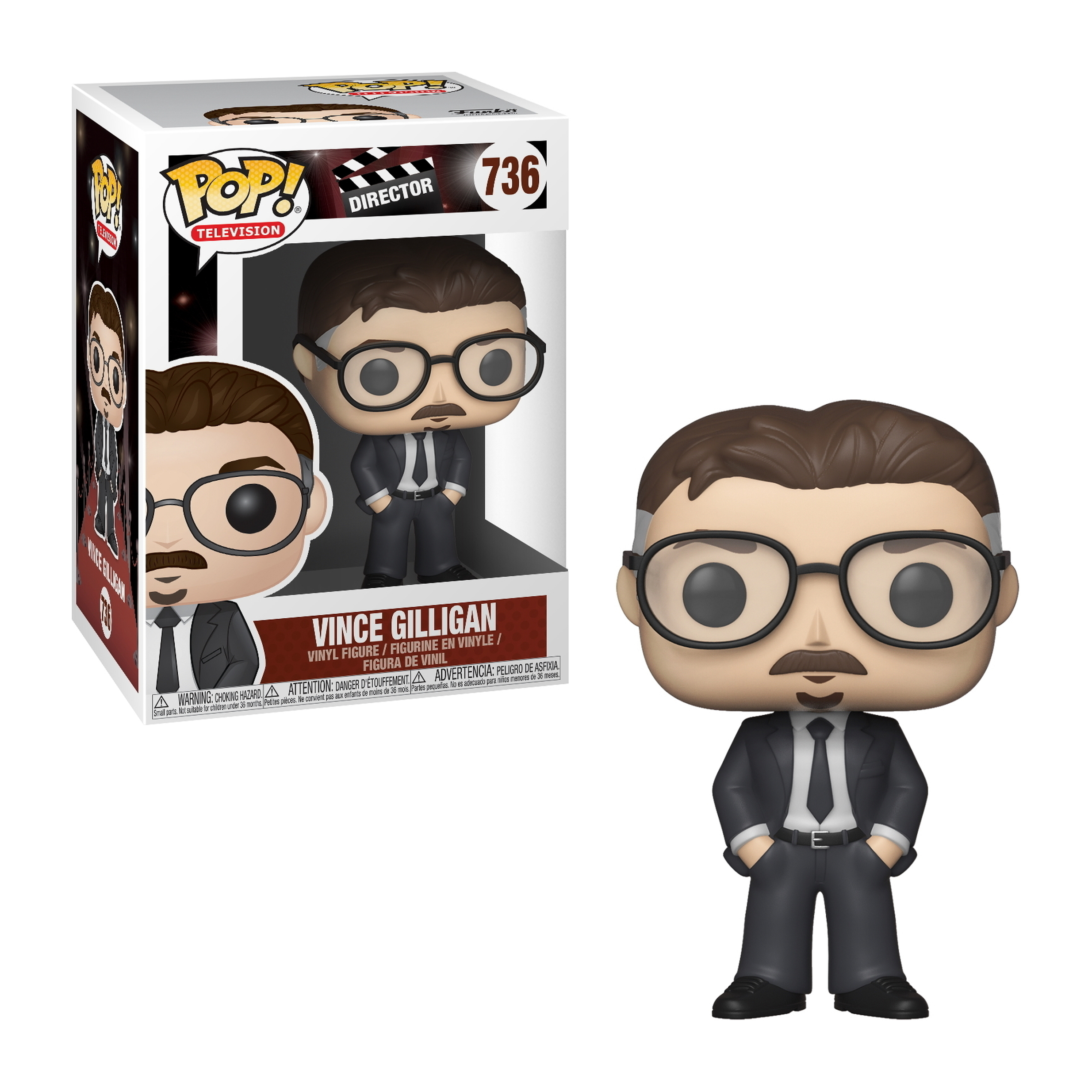 Vince Gilligan Figur in Anzug und Brille. In einer Pop!-Box. Figur des TV-Regisseurs.