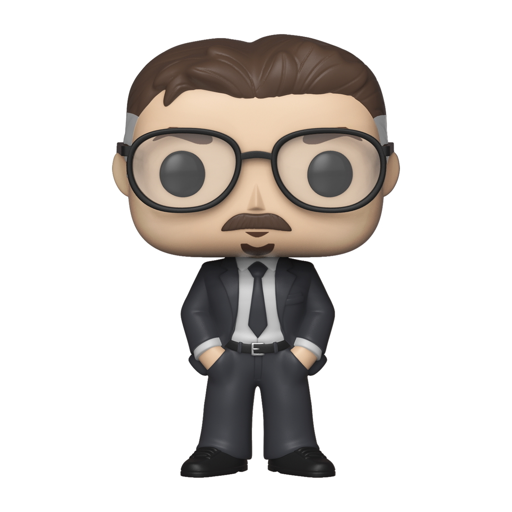 Eine Figur eines Mannes mit Brille und Schnurrbart, der einen schwarzen Anzug trägt.