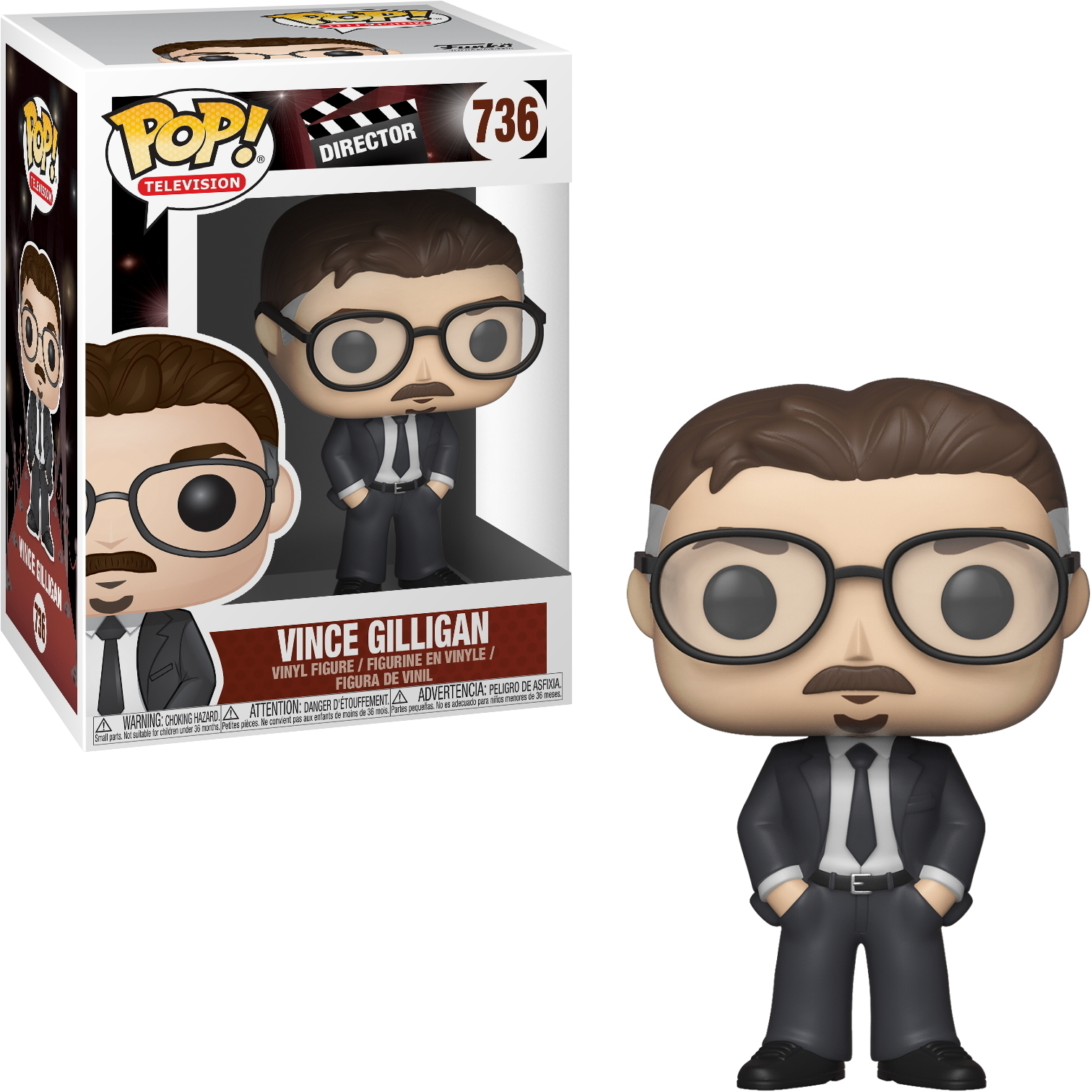 Vince Gilligan Funko Pop Figur im Anzug mit Brille, Schnurrbart, Box im Hintergrund.