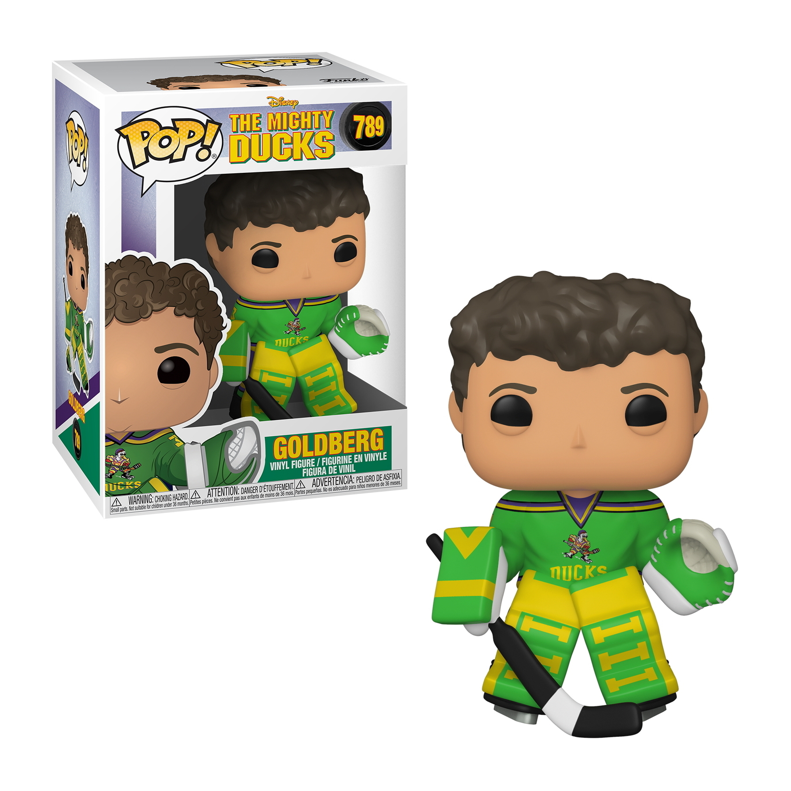 Goldberg Mighty Ducks Funko Pop, in Hockey-Ausrüstung, hält einen Hockeyschläger.