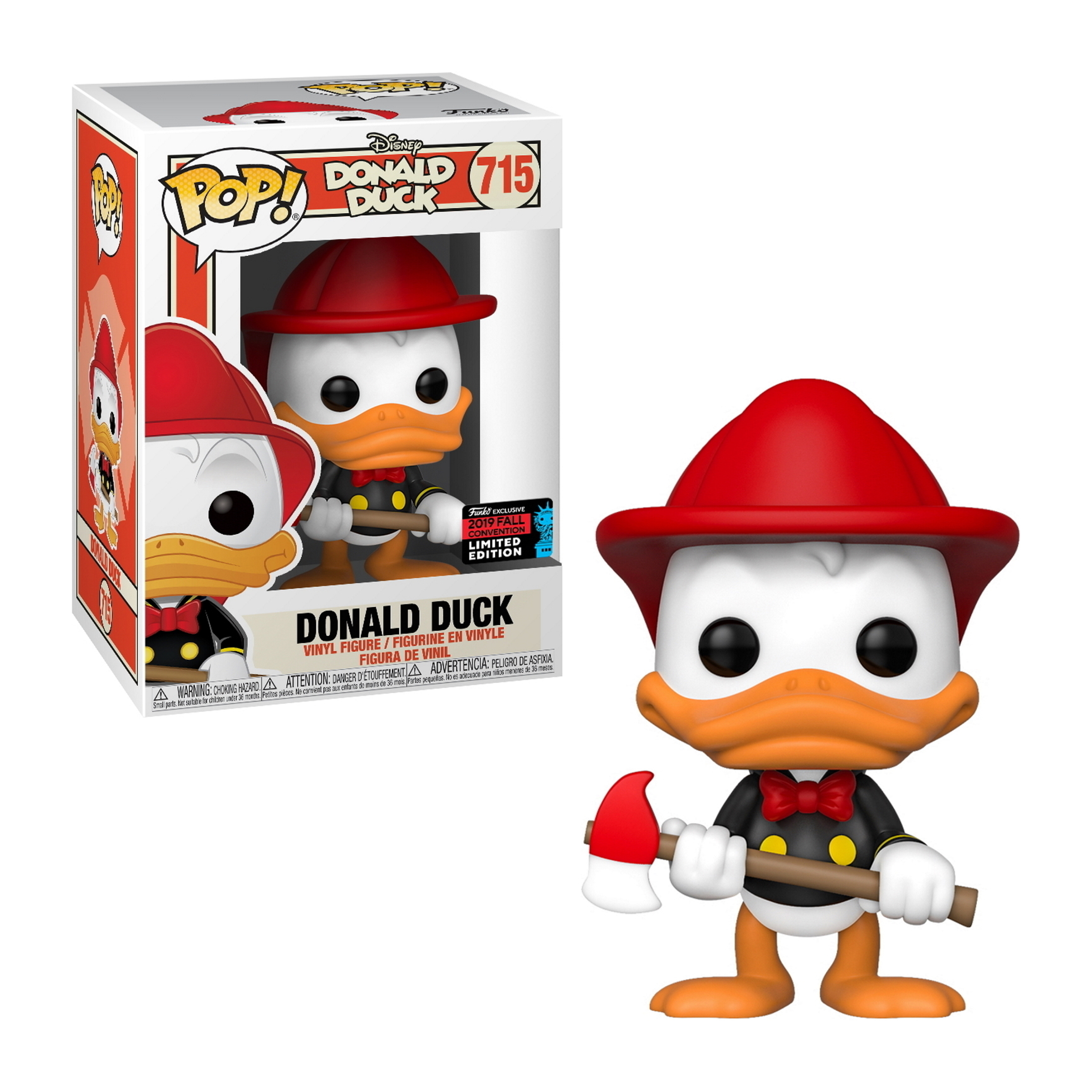 Donald Duck Funko Pop Figur, im Feuerwehrmann-Outfit, hält eine Axt und trägt einen roten Hut.