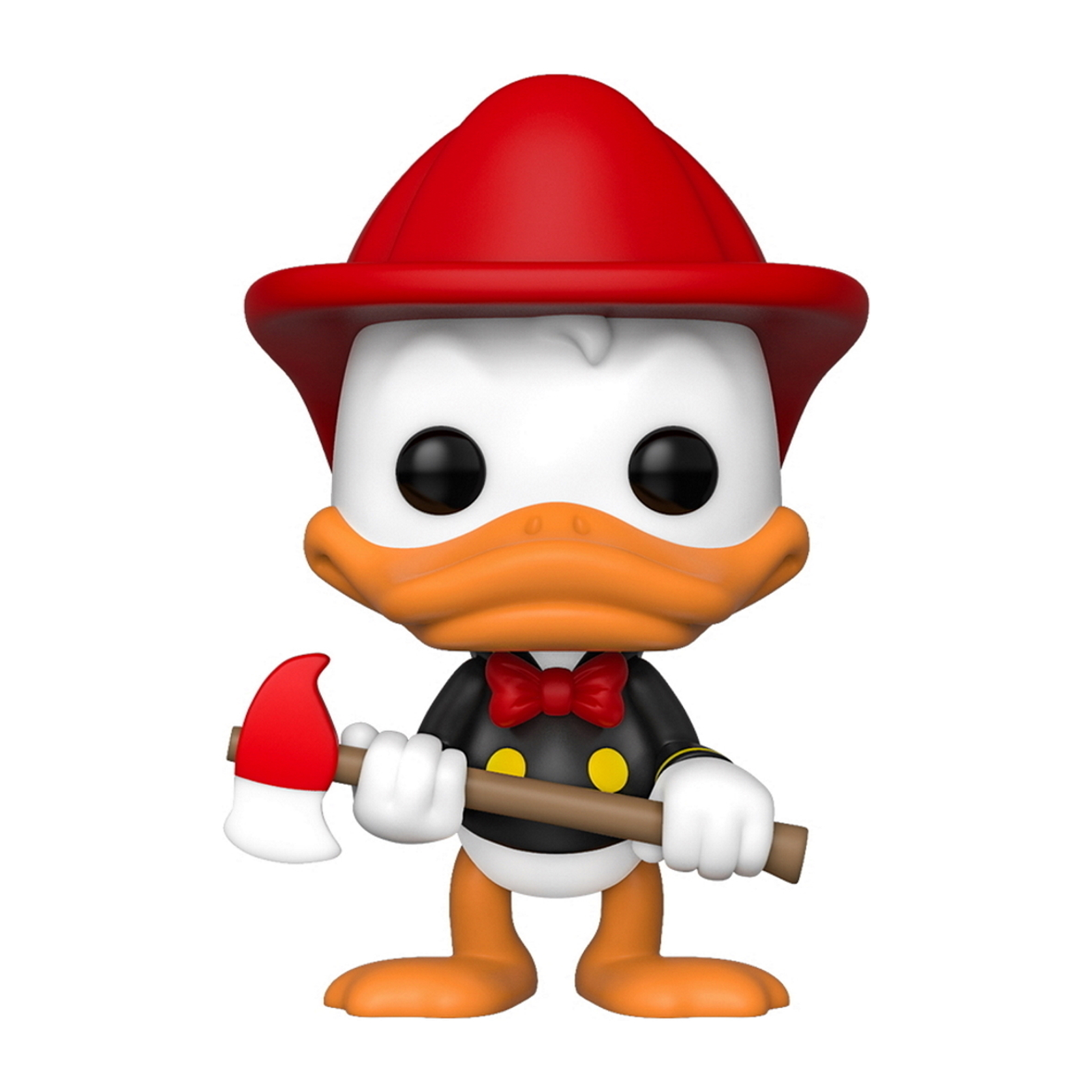 Donald Duck Funko Pop Figur in Feuerwehrmann-Outfit, hält eine Axt. Roter Hut und Fliege.