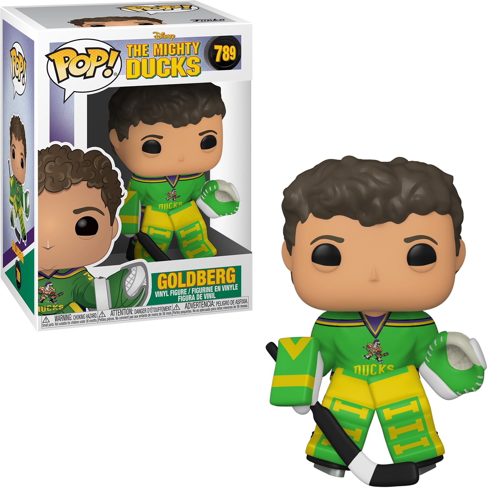 Goldberg Funko Pop Figur aus The Mighty Ducks, in Hockeyausrüstung, hält einen Hockeyschläger. Box links.