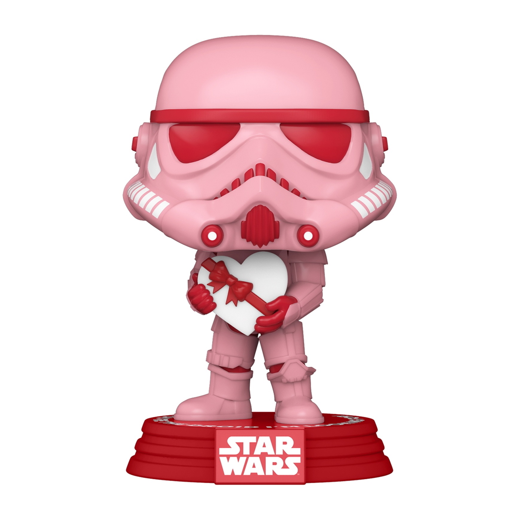 Pinker Stormtrooper Figur, hält ein Herz, mit Box und Base.