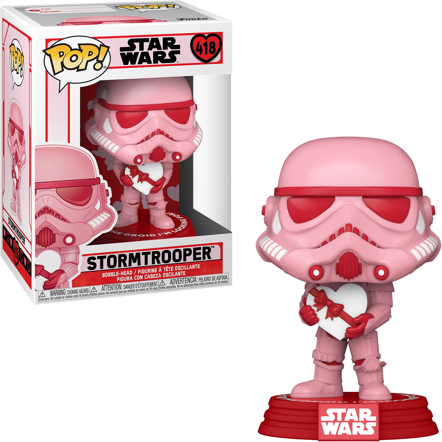 Pinkfarbener Stormtrooper Funko Pop hält ein Herz. Die Figur ist rosa und weiß mit roten Akzenten.