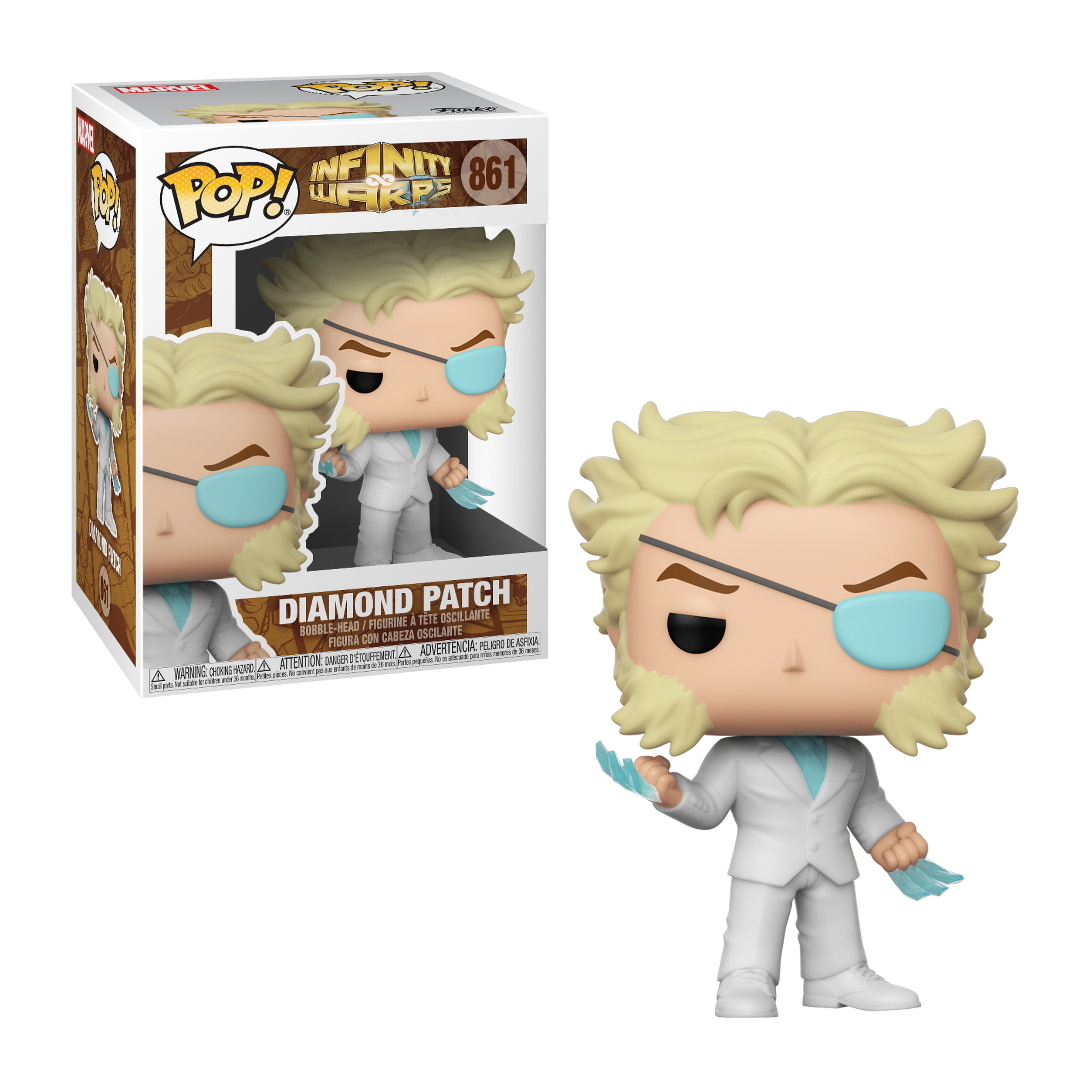 Diamond Patch Funko Pop. Blondes Haar, weißer Anzug, blaue Augenklappe und blaue Papiere haltend. Box sichtbar.