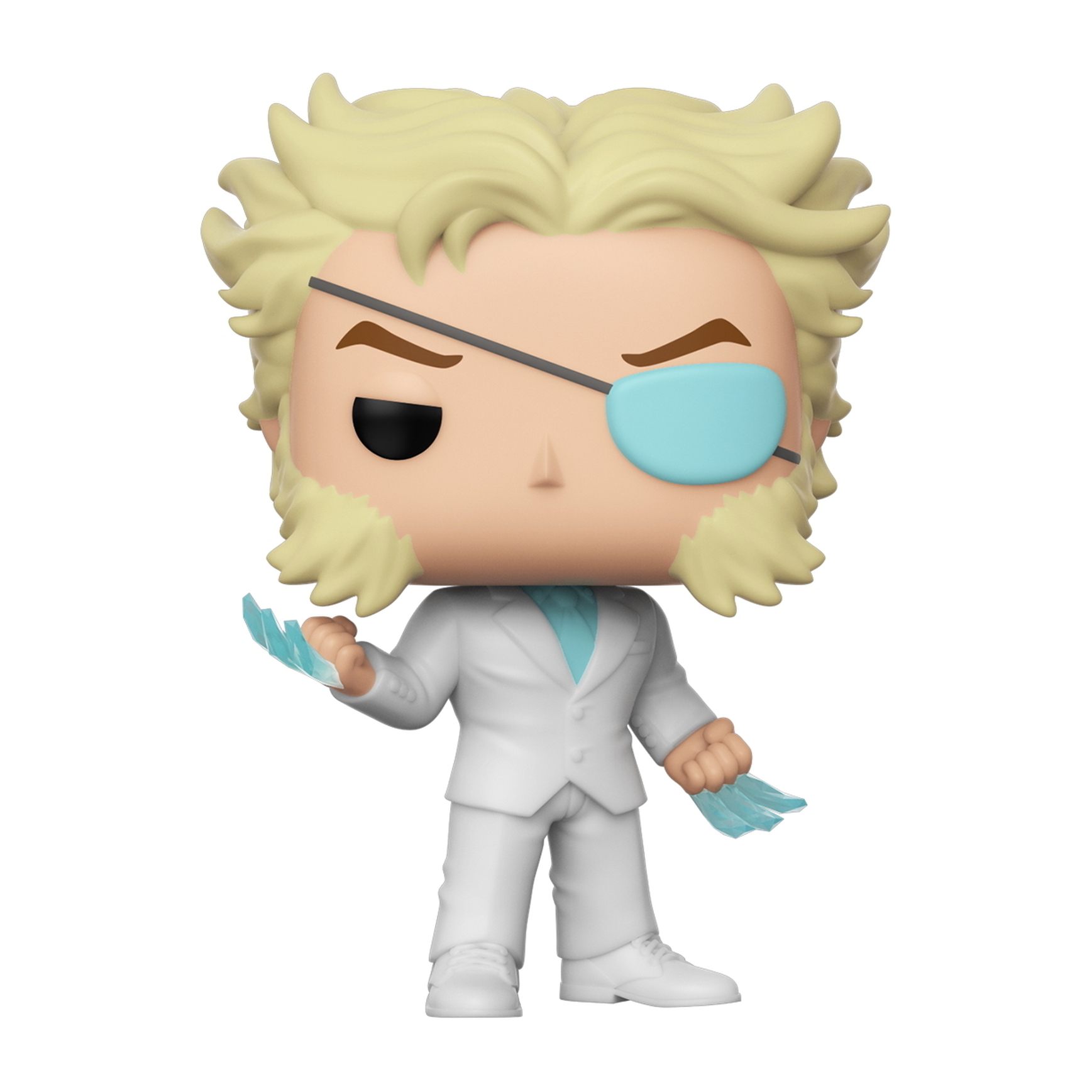 Funko Pop Figur eines Mannes mit blonden Haaren, Augenklappe und weißem Anzug, der blaue Scherben hält.