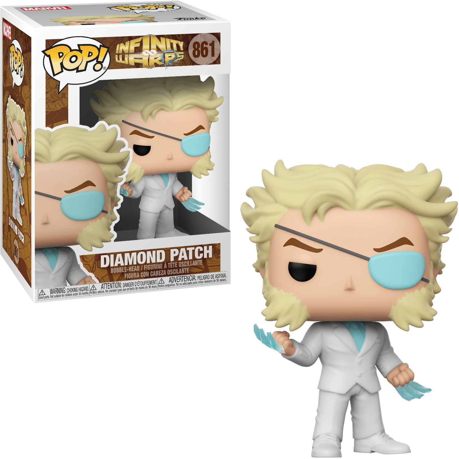 Diamond Patch Figur mit Box, trägt weißen Anzug und Augenklappe.