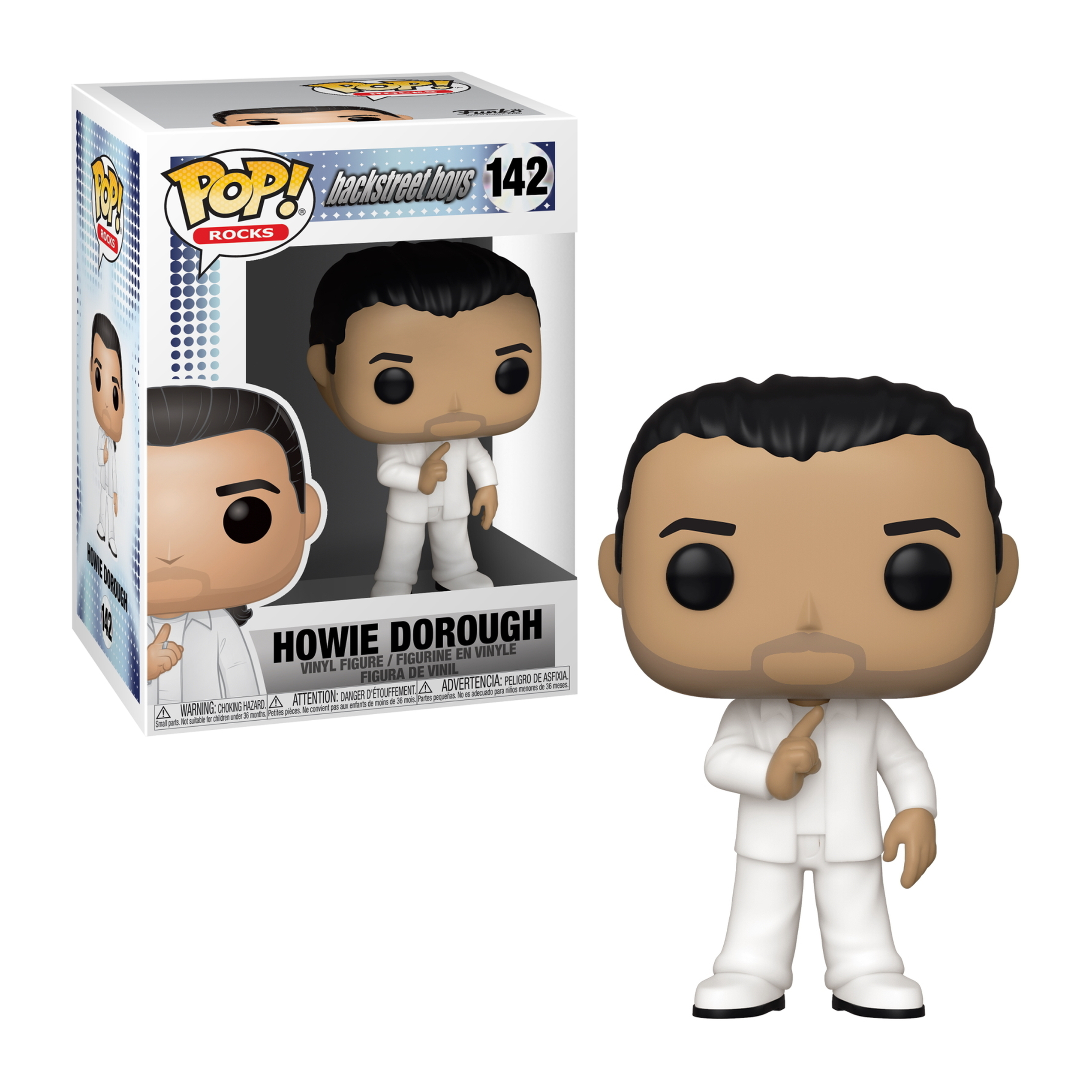 Howie Dorough Funko Pop Figur. Weißer Anzug, Finger nach oben, verpackt mit Abbild der Figur.
