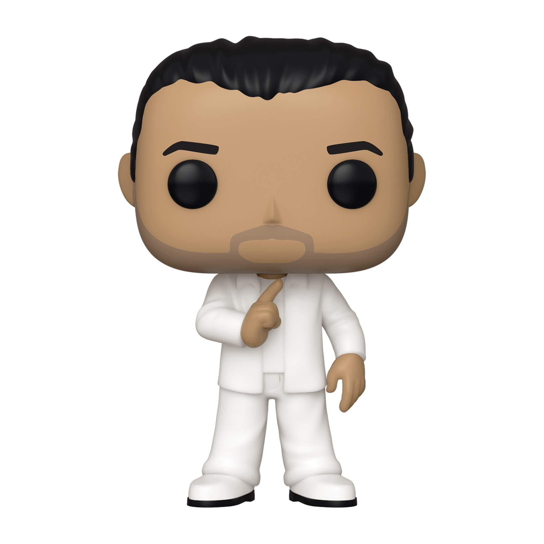 Dwayne Johnson Figur in weißem Anzug, mit Zeigefinger.