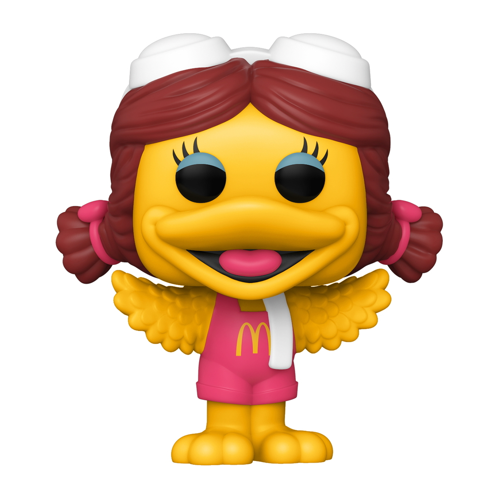 McDonalds Birdy Funko Pop Figur. Gelber Vogel mit weißem Hut, pinkem Outfit und Flügeln. Weißer Schal.