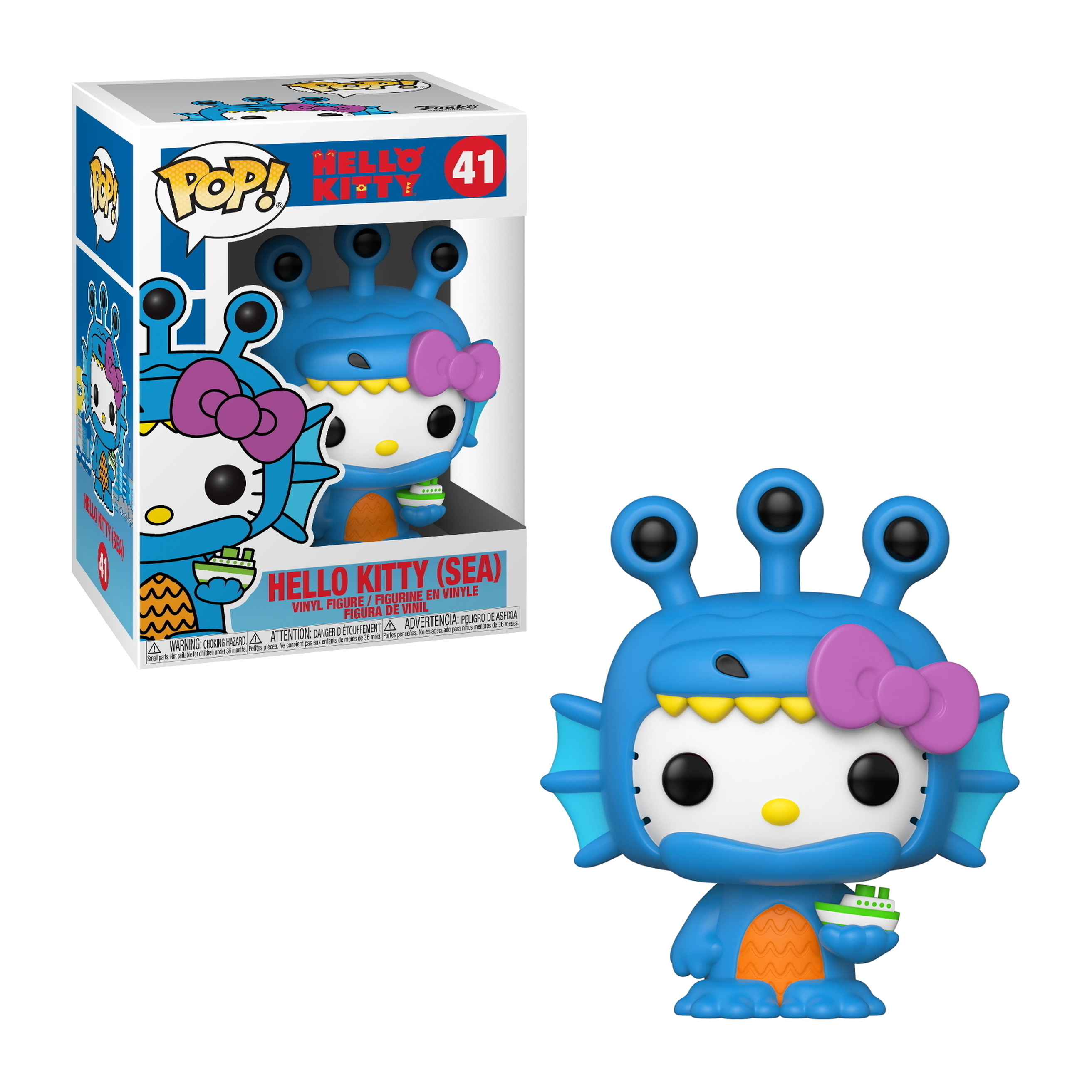 Hello Kitty Sea Figur, blauer Körper, rosa Schleife, hält ein Boot, mit Box.