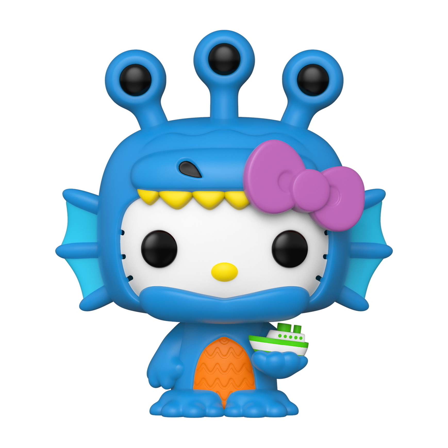 Funko Pop Figur eines blauen Monsters mit Hello Kitty-Gesicht, das eine Schleife trägt.