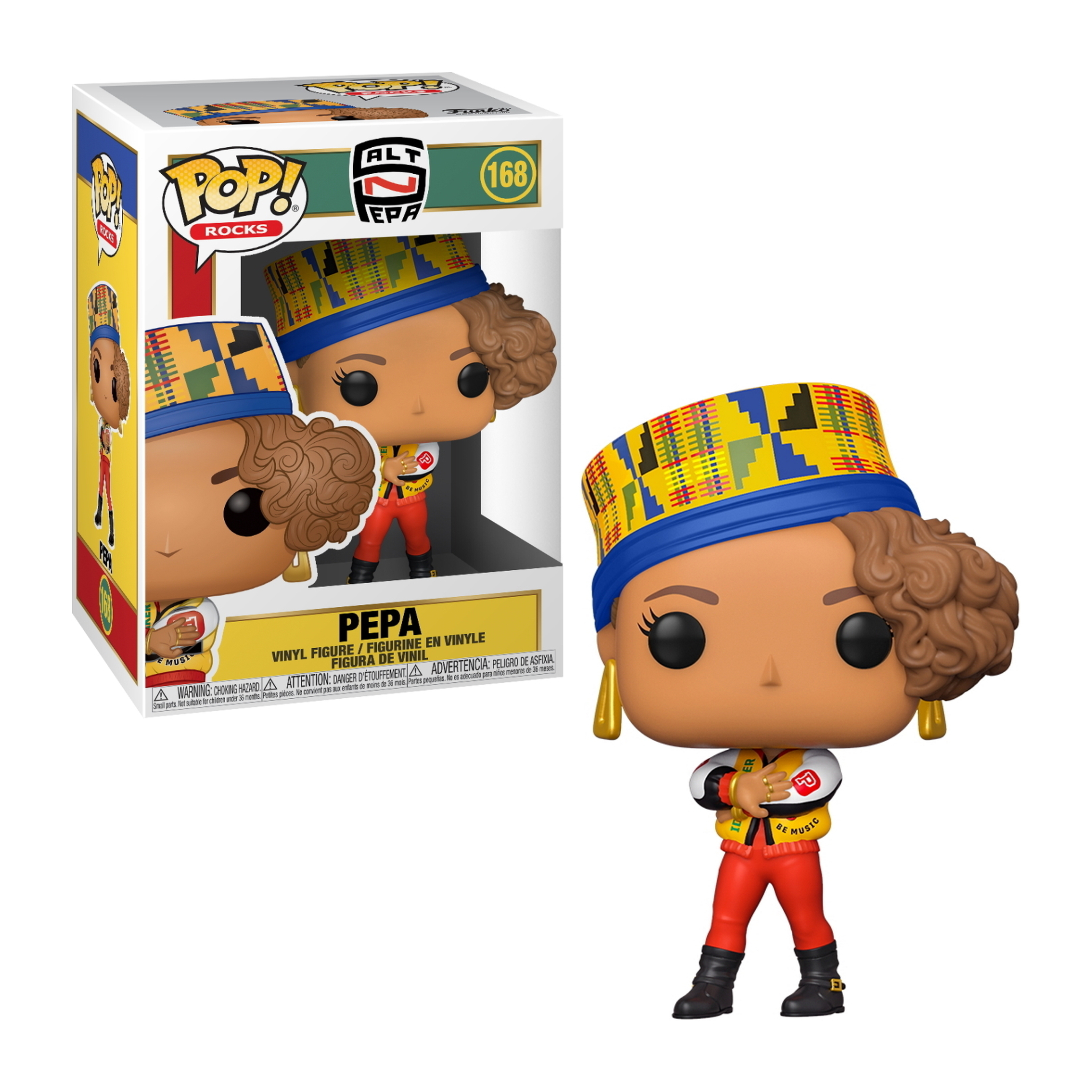 Pepa Funko Pop. Gelbes, blaues und rotes Outfit, goldene Ohrringe, verschränkte Arme.