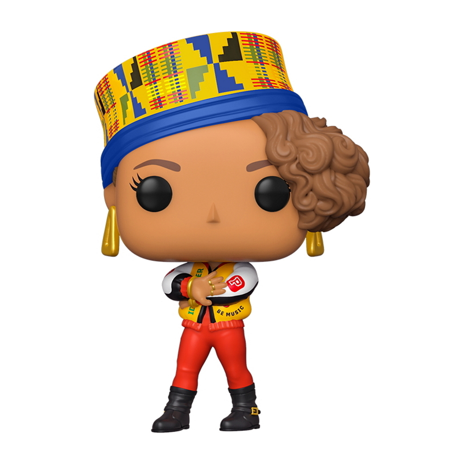 Roxanne Shante Funko Pop Figur. Gelb-blaues Kopftuch, goldene Ohrringe, rote Jacke. Überkreuzte Arme.