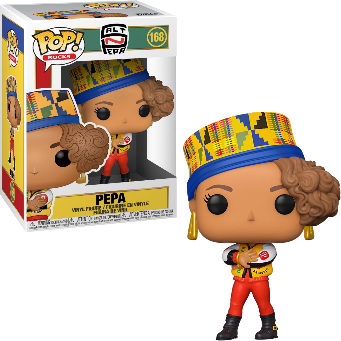 Pepa Funko Pop Figur in der Box, trägt einen Hut und eine Jacke. Sie hat große Ohrringe und posiert.