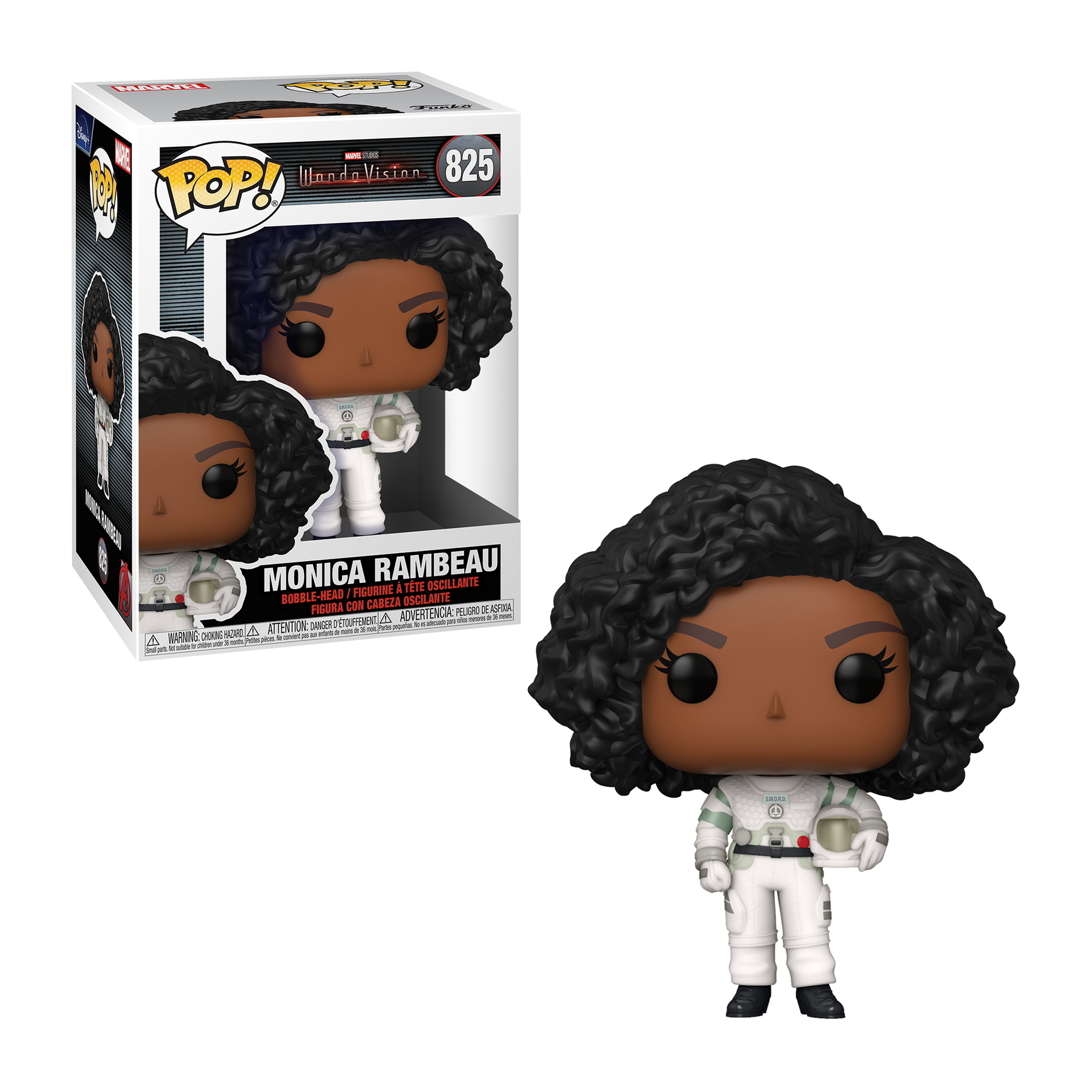 Monica Rambeau Funko Pop Figur mit Box. Die Figur hat einen schwarzen Afro und trägt einen weißen Anzug.