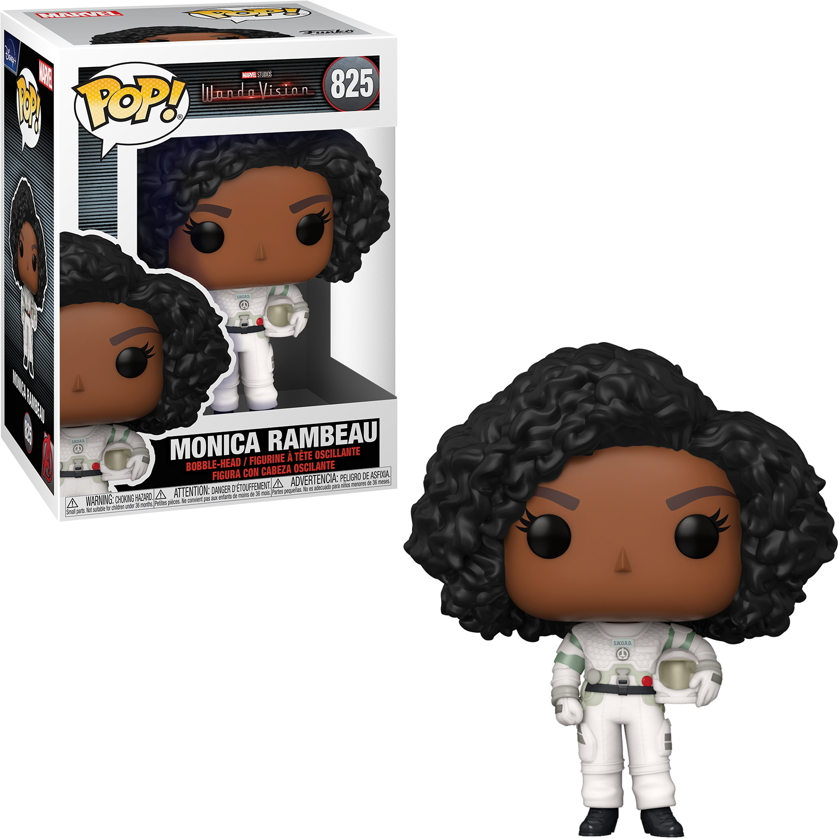 Monica Rambeau Figur. Schwarzes, lockiges Haar, trägt einen weißen Anzug, hält einen Behälter. In Box.